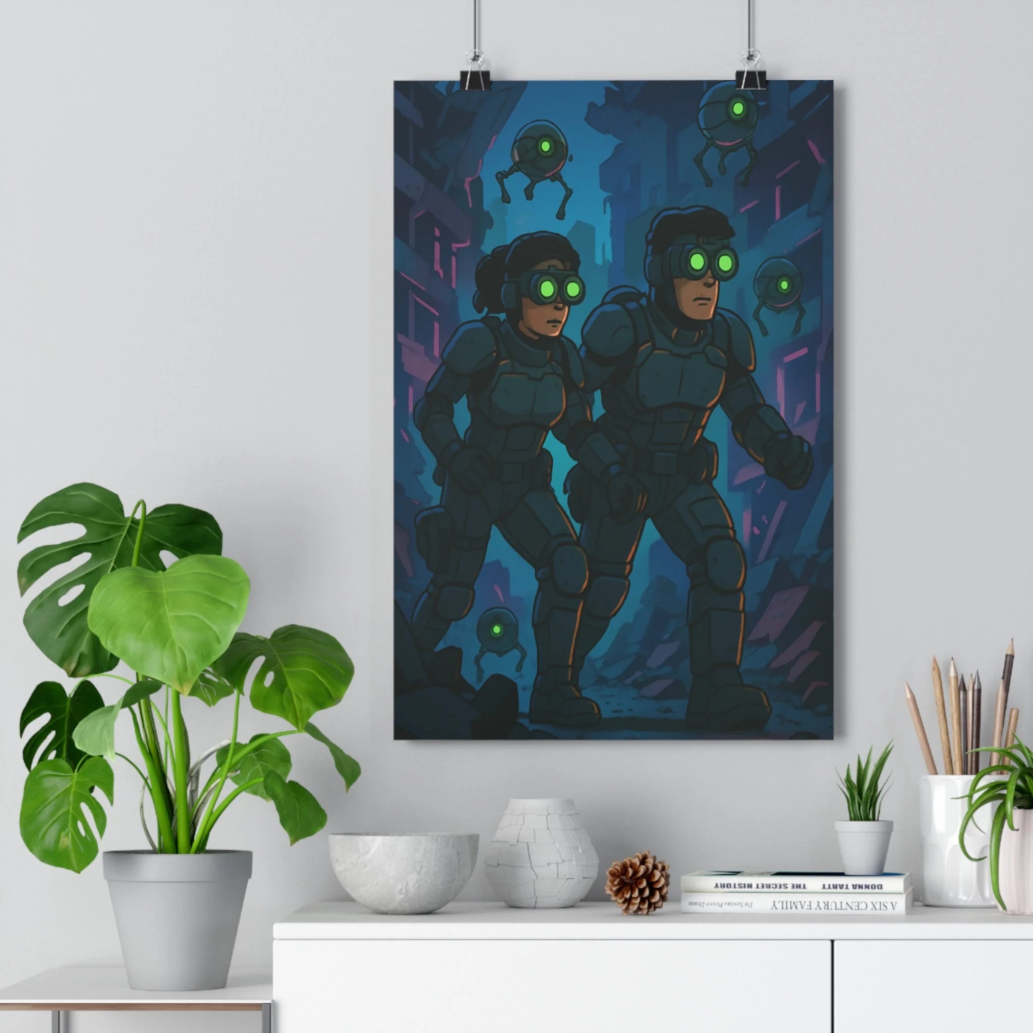 Poster décoratif cyberpunk néons bleus verts intense soldats futuriste chambre salon moderne urbain ambiance