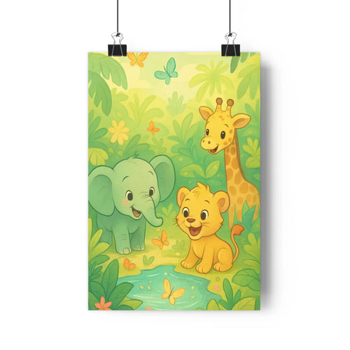 Poster animaux jungle éléphant lion girafe végétation fleurs papillons joyeux cartoon verdoyant amical chambre salon