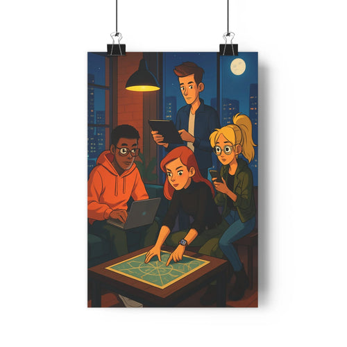 Poster personnages jeu plateau technologies nuit ville lumière intimité travail coopération couleurs vives style cartoon chambre salon