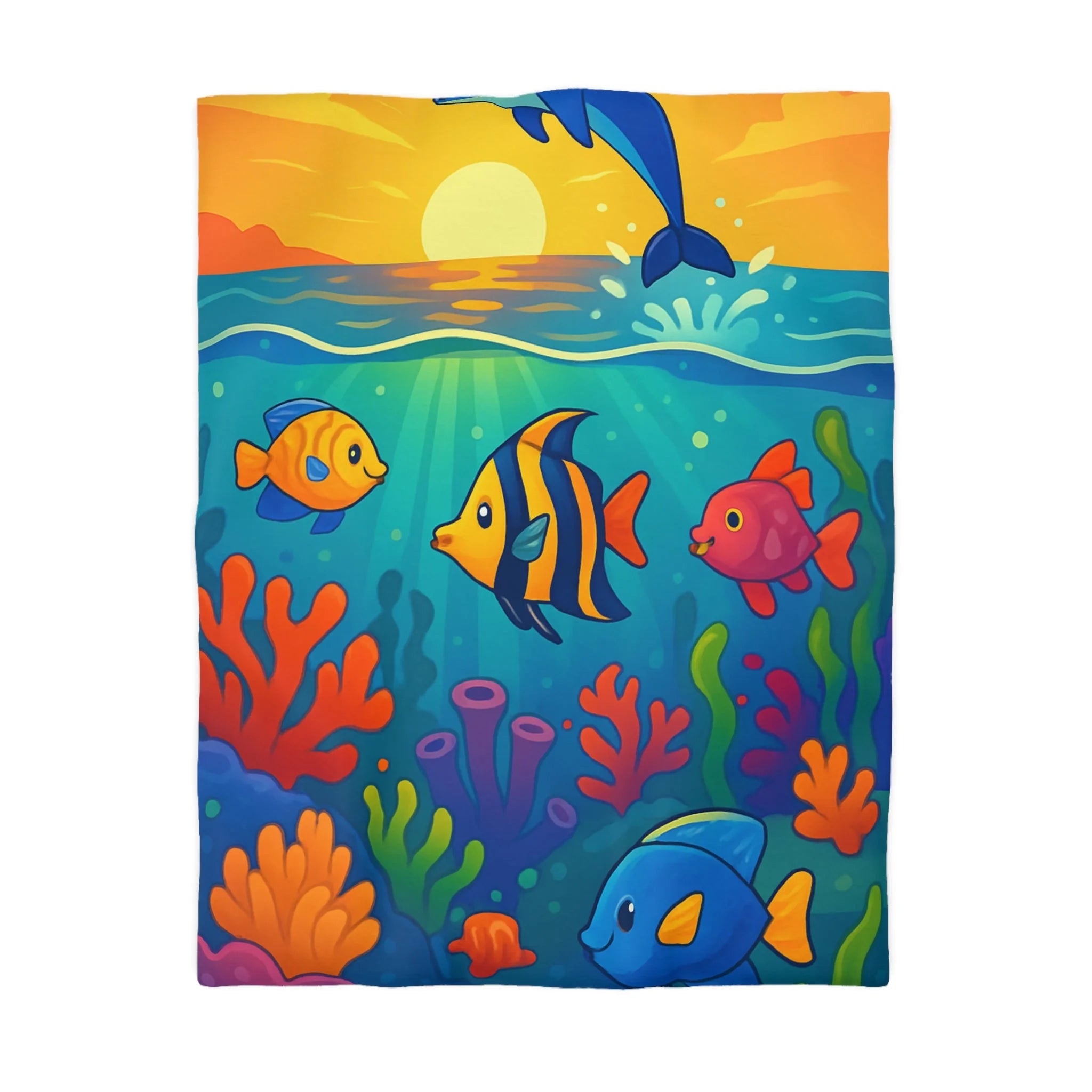 Housse de couette océanique colorée avec poissons tropicaux et dauphin au coucher du soleil