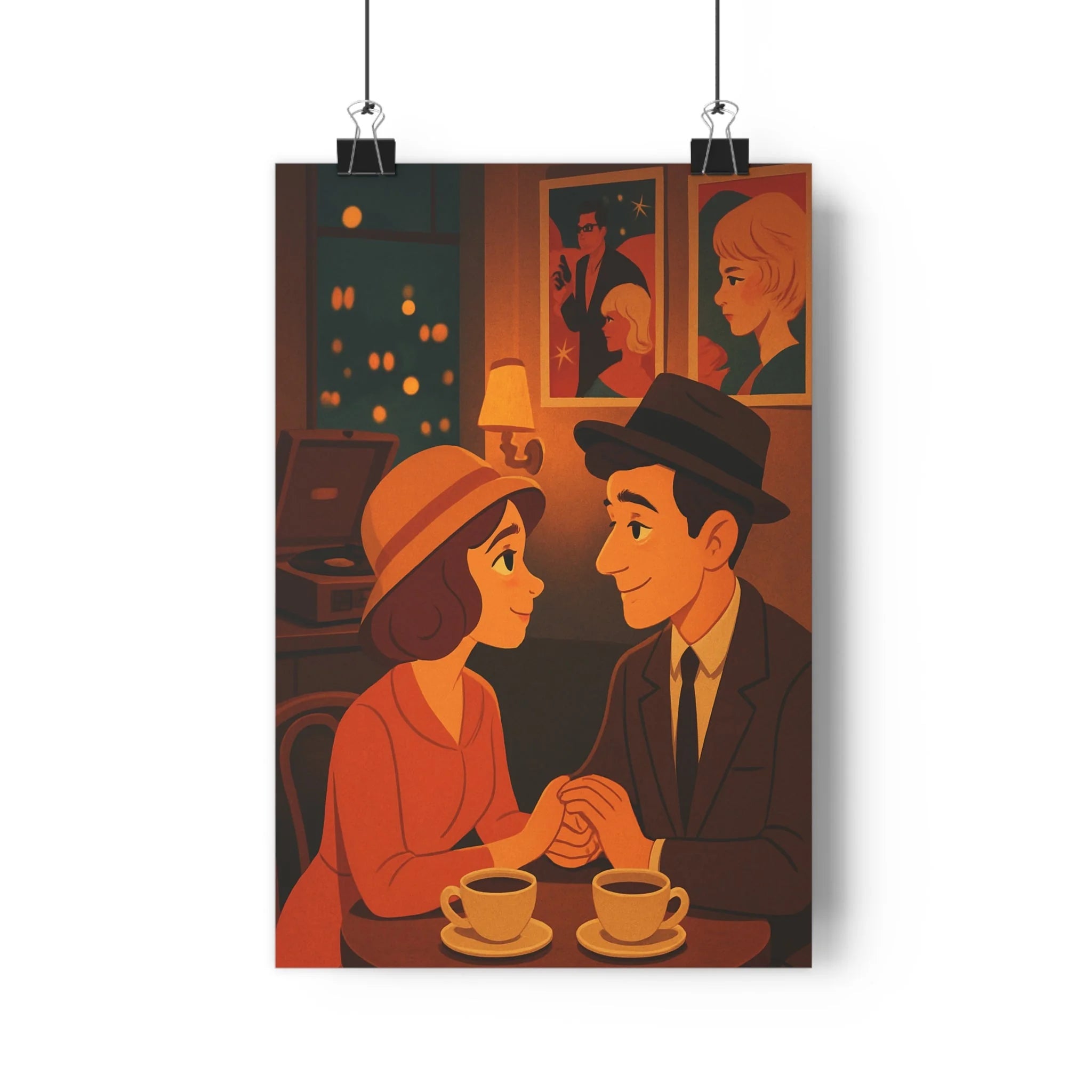 Poster décoratif romantique vintage anime tons chauds salon chambre nostalgique intime rétro café couple