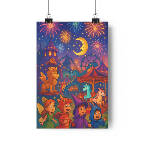 Poster enchanté licorne ailée château carrousel feux d-artifice lune souriante personnages joyeux bleu nuit rouge vert jaune style cartoon festive