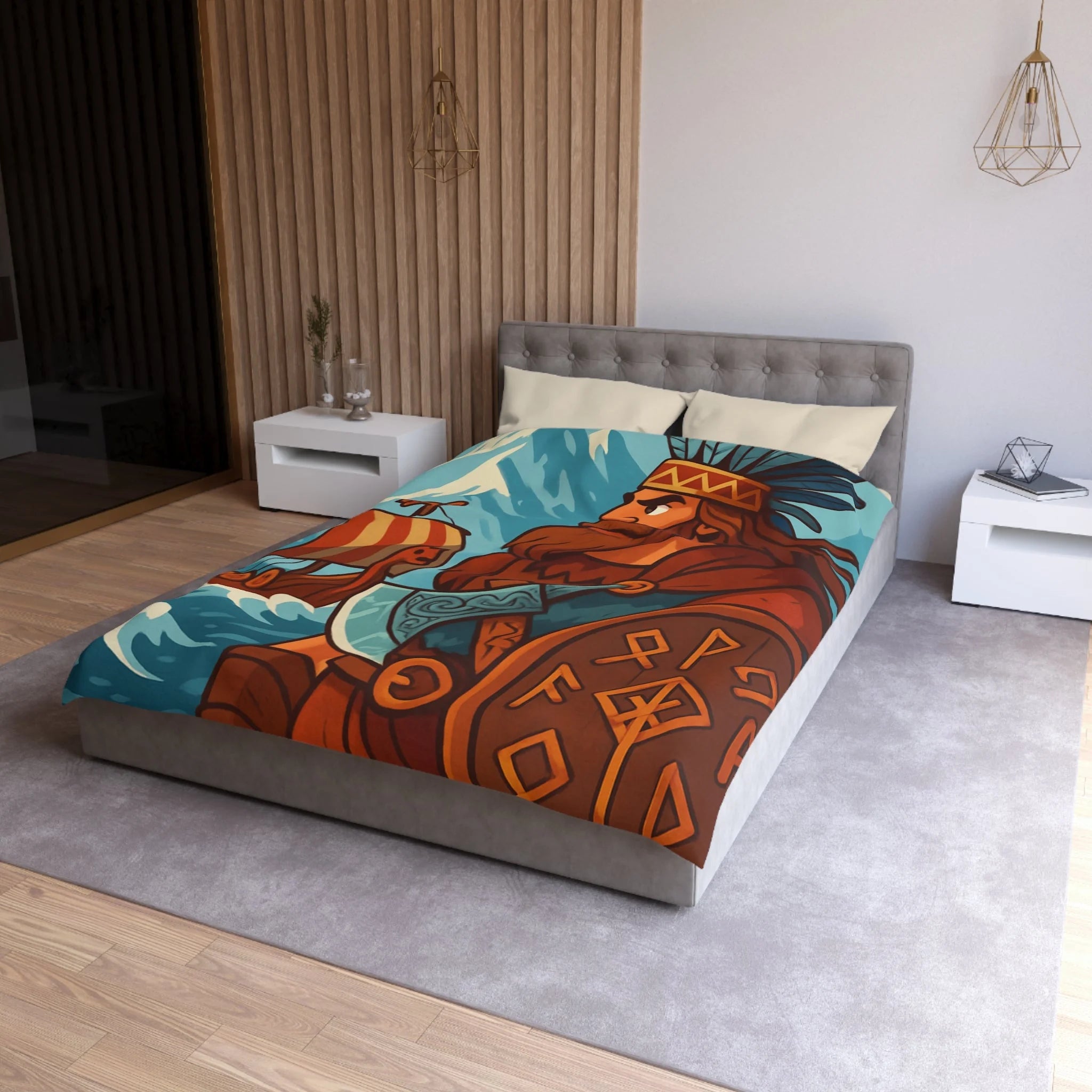 Housse de couette viking avec guerrier, montagne, navire, mer, motifs runiques