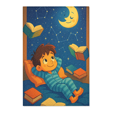 Tapis enfant livre pyjama sourire ciel nocturne lune étoiles rouge bleu jaune imagination cartoon chaleureux décoration chambre salon