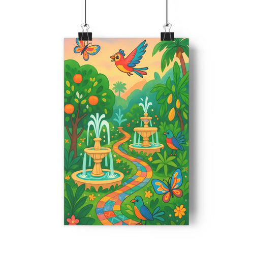Poster tropical fontaines oiseaux papillon fleurs colorées arbres fruitiers palmiers contours nets style cartoon ambiance joyeuse nature sauvage