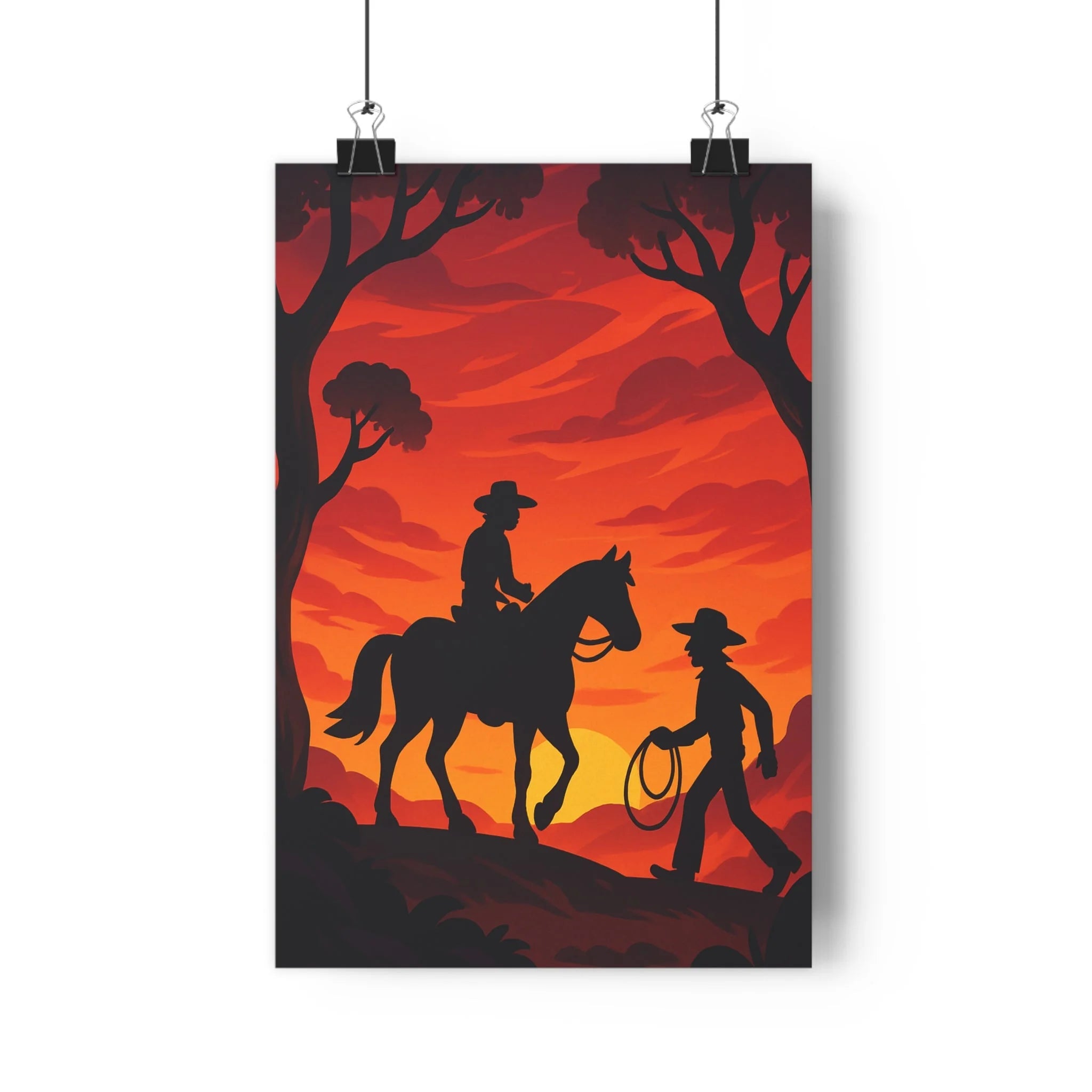 Poster décoratif western rouge orange dramatique salon chambre vintage aventure cowboy coucher soleil 30x46