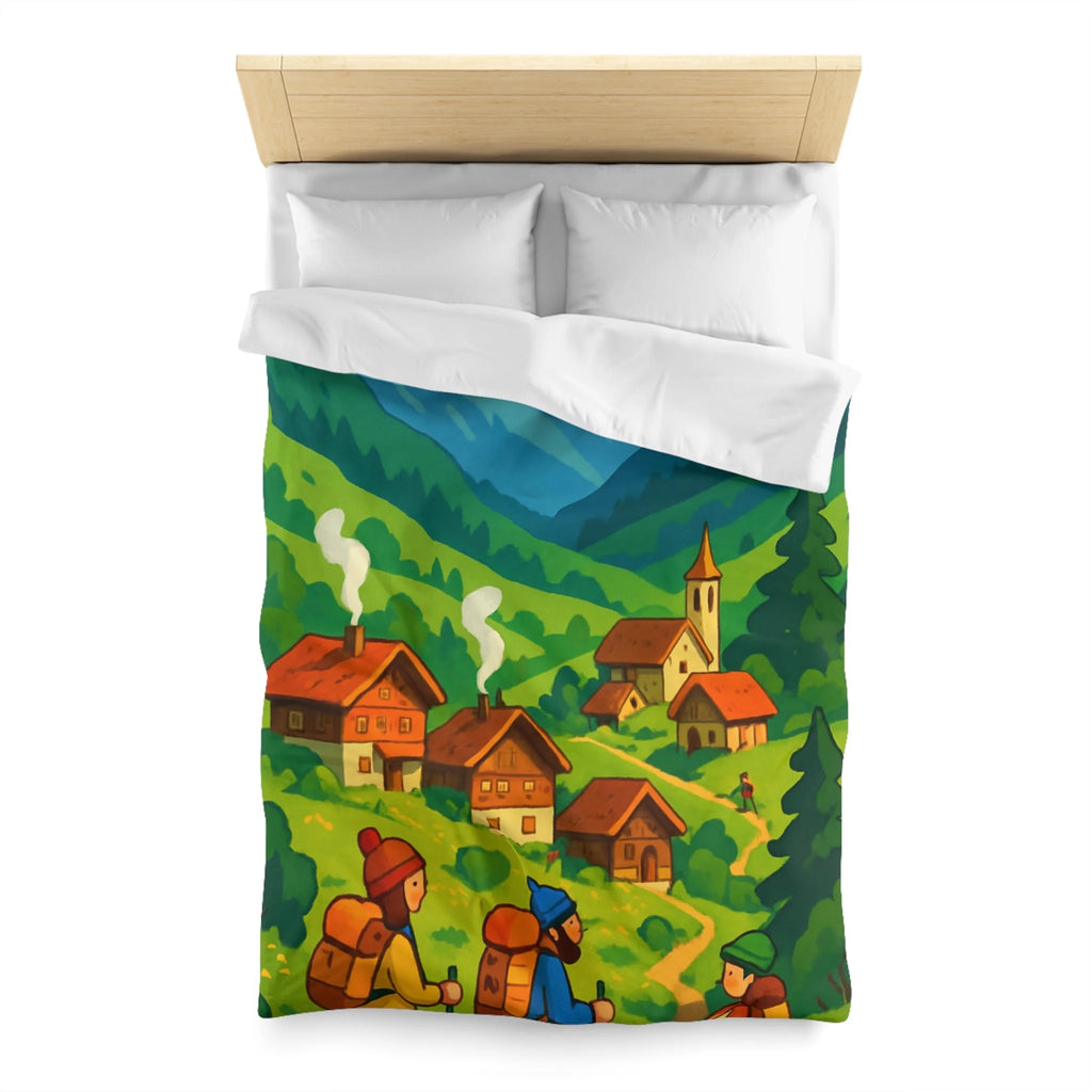 Housse de Couette Montagne avec Aventureurs, Chalets et Paysage Montagnard Enneigé