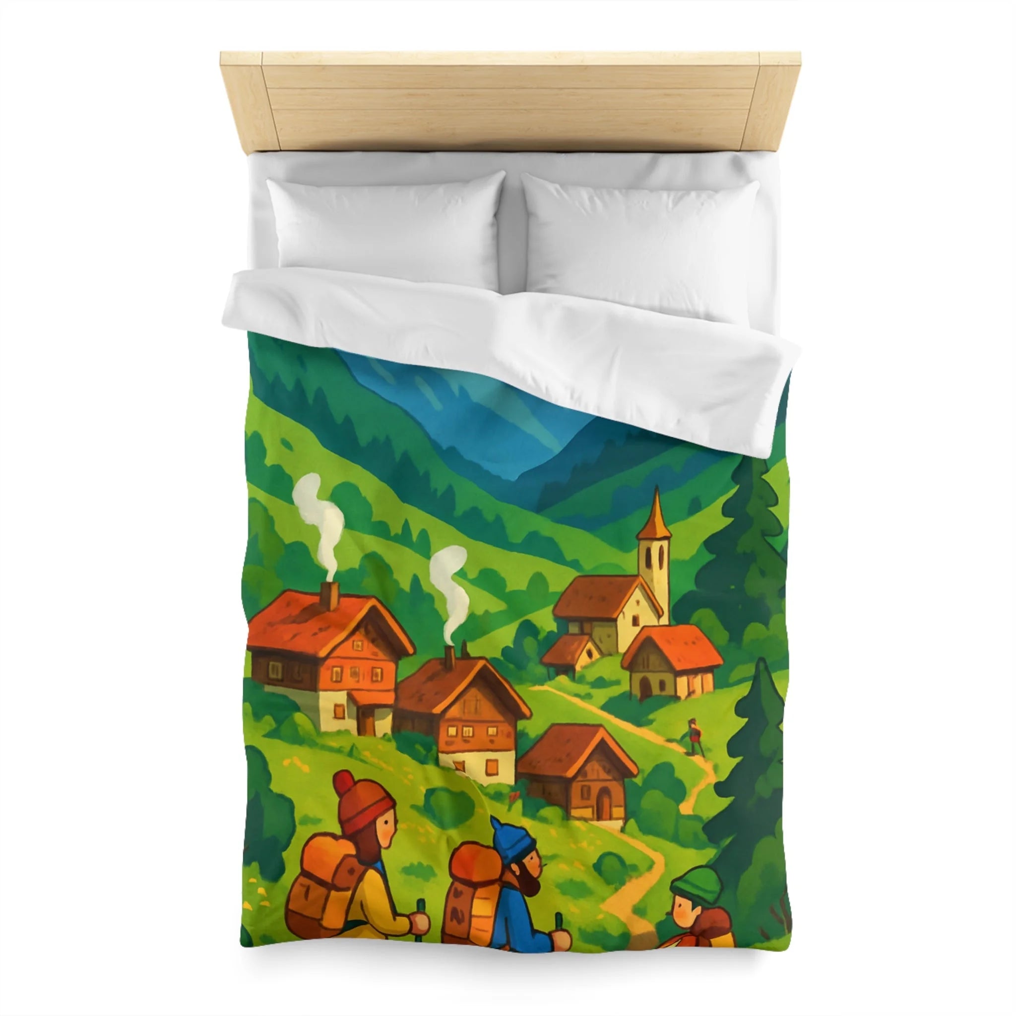 Housse de Couette Montagne avec Aventureurs, Chalets et Paysage Montagnard Enneigé