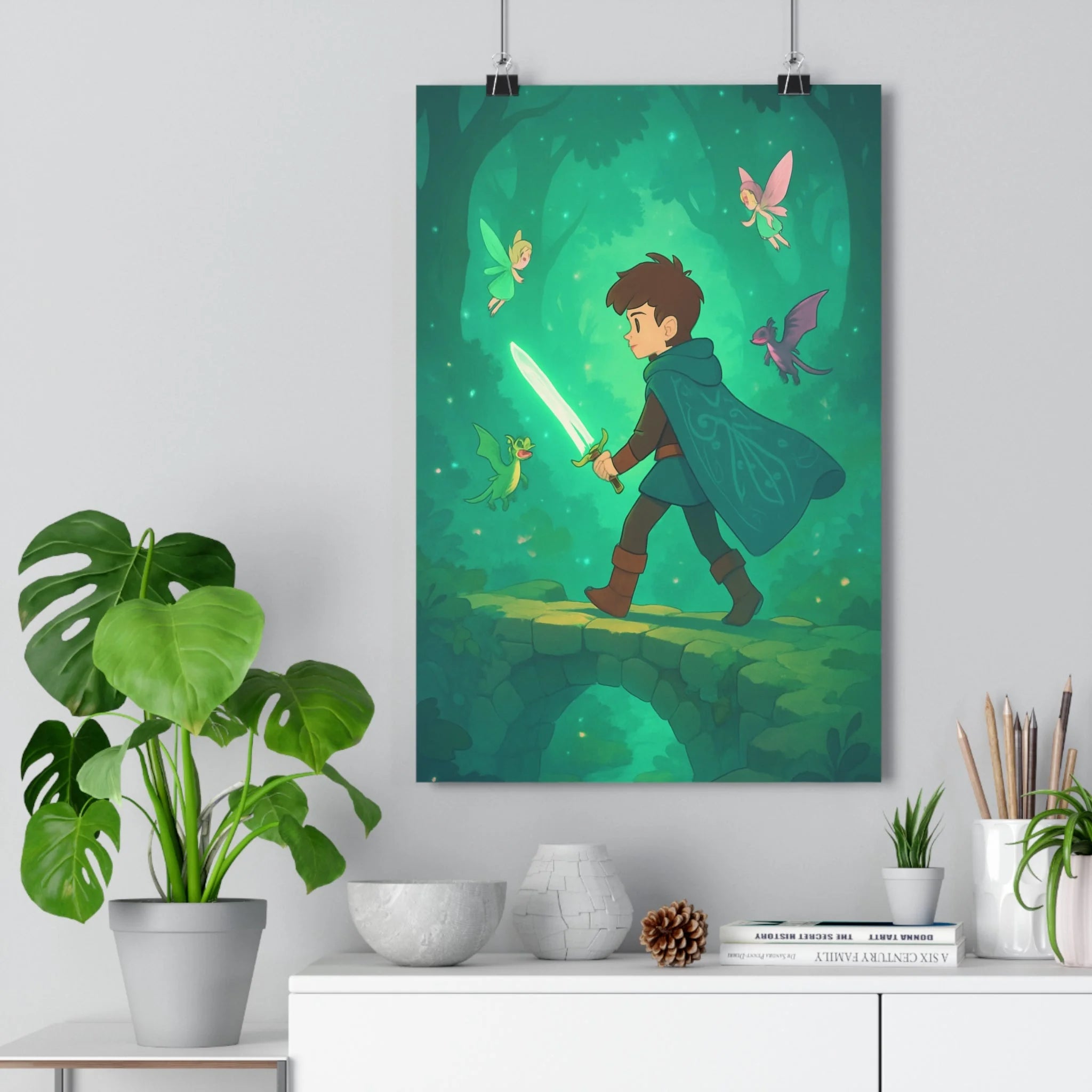 Poster décoratif aventure médiévale magique forêt enchantée épée lumineuse créatures fantastiques enfant chambre mystérieuse
