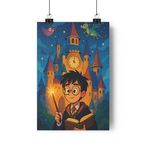 Poster sorcier baguette lumineuse livre château tours horloge ciel nocturne étoiles chouette dragon meuble blanc pomme de pin ambiance magique