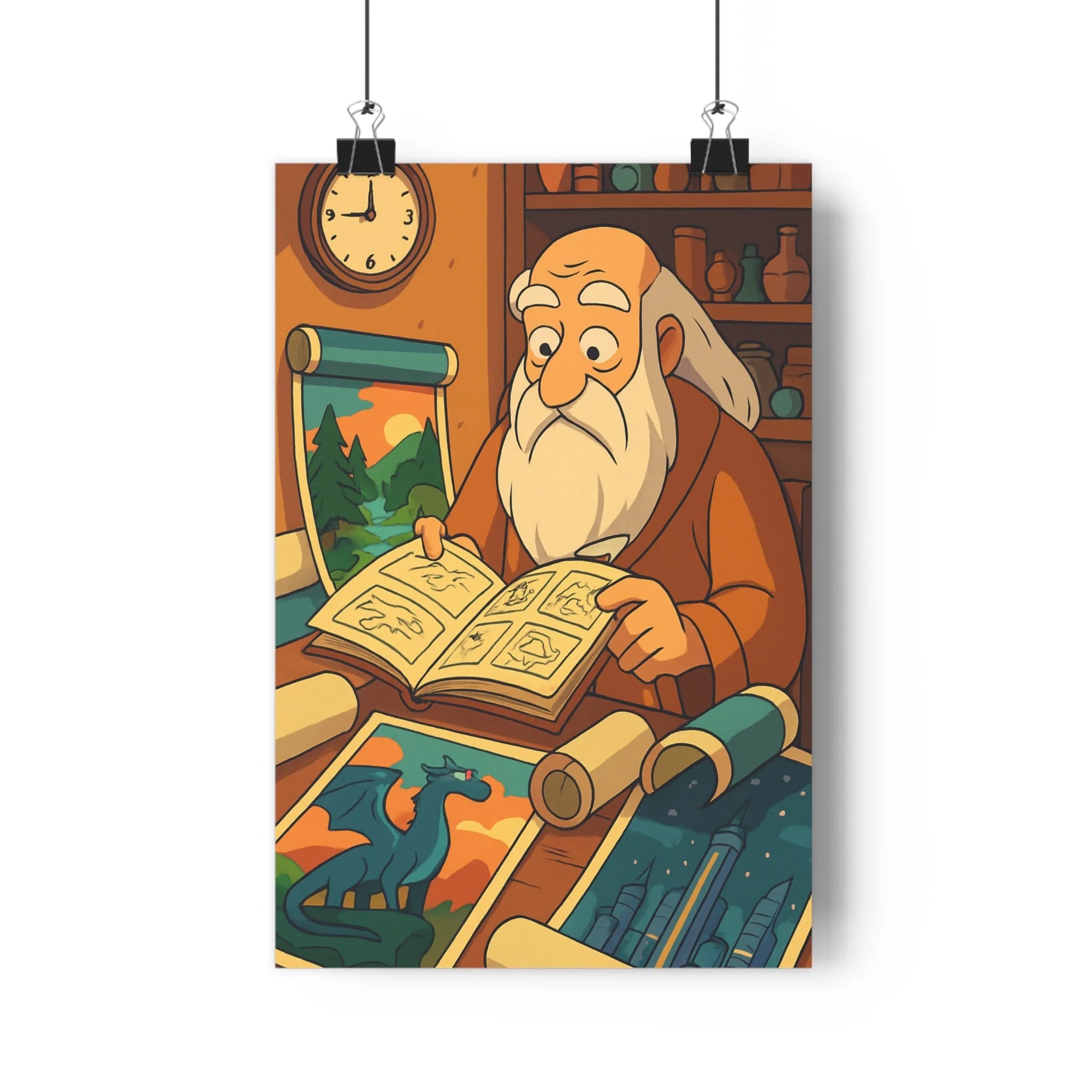 Poster décoratif vintage nostalgie homme livre bureau bibliothèque dessin animé couleurs chaudes 30x46 qualité