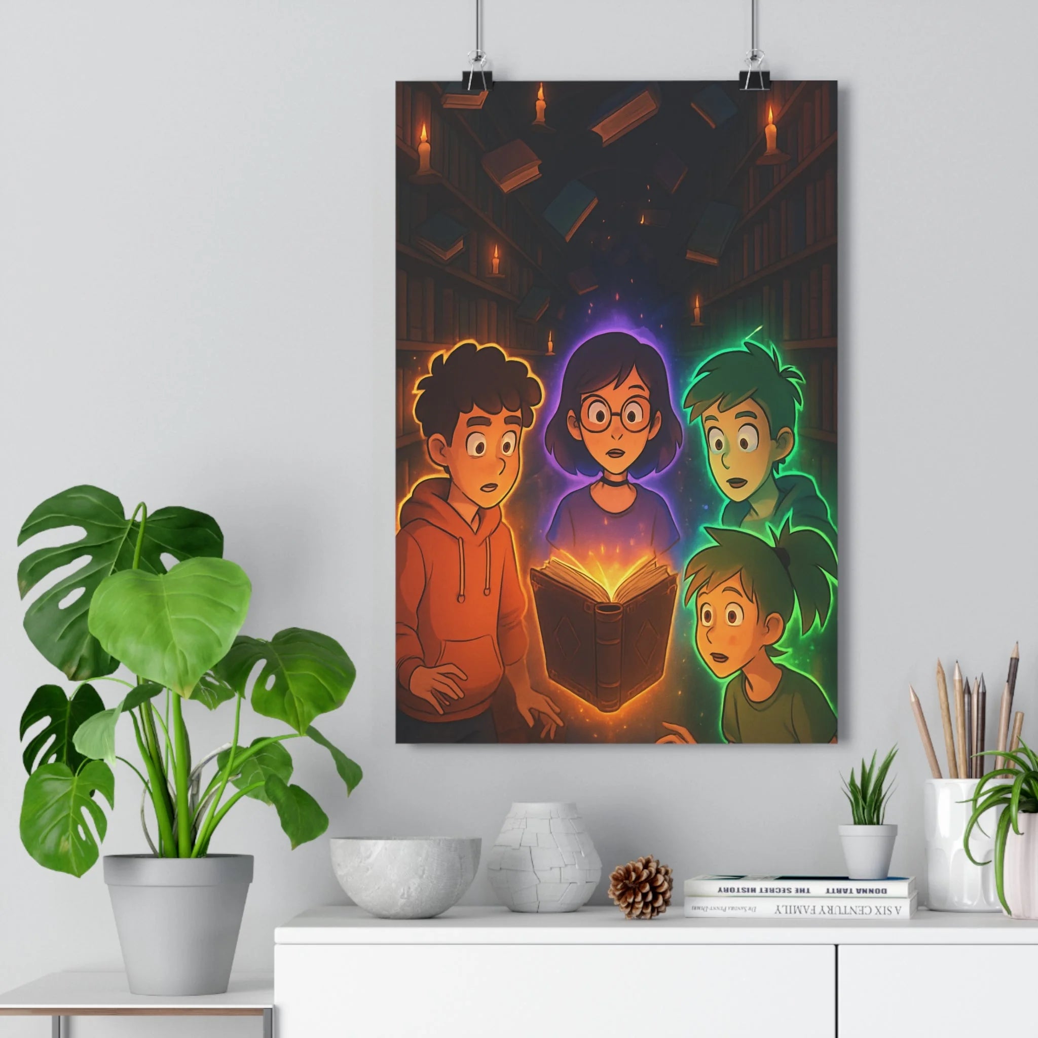 Poster décoratif fantastique mystique violet orange vert magique bibliothèque chambre salon ambiance captivante qualité
