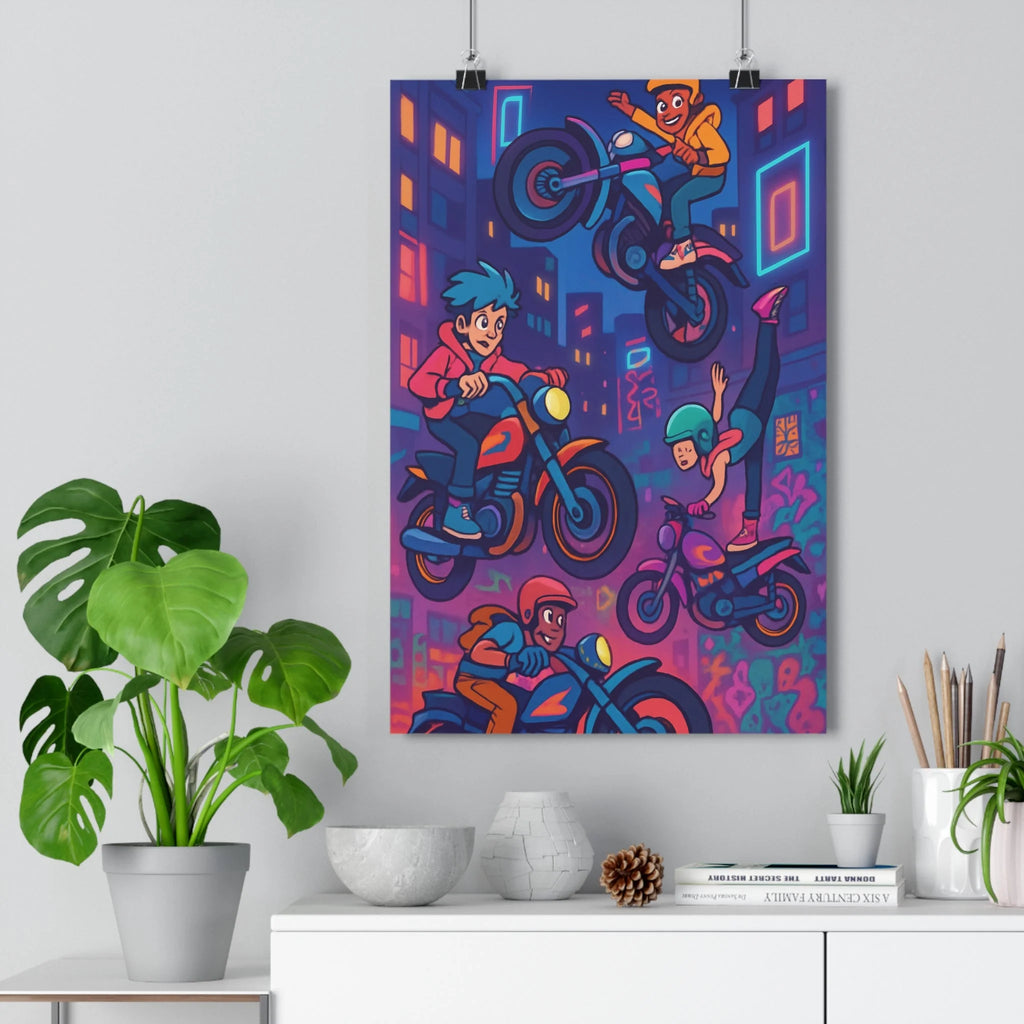 Poster décoratif cartoon dynamique motocross urbain vibrant coloré action chambre salon énergie audacieuse qualité