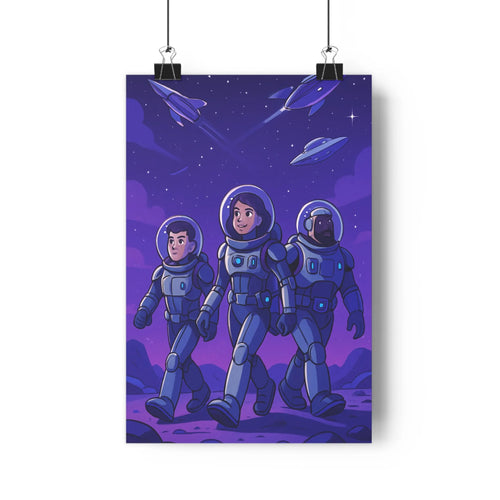 Poster explorateurs spatiaux vaisseaux nuit étoiles combinaisons bleu violet ambiance futuriste exploration calme salon chambre