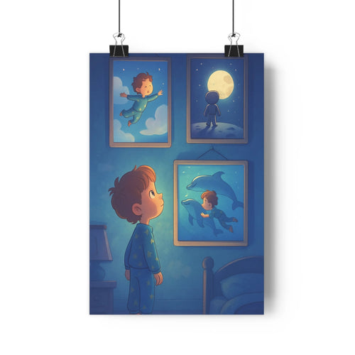 Poster enfant pyjama bleu nuages lune dauphins plante verte table livres lampadaire chambre rêve aventure exploration imagination minimaliste doux