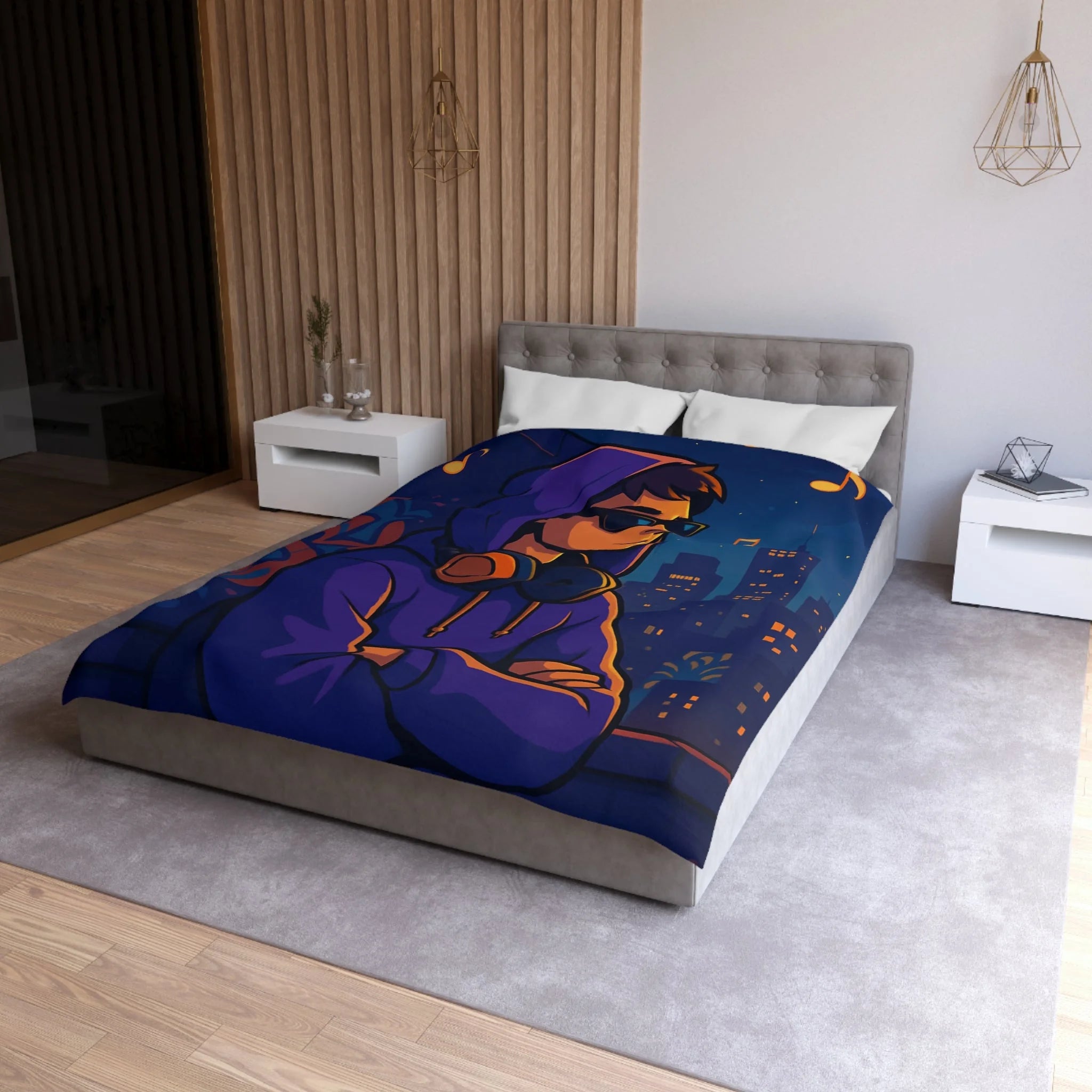 Housse de Couette Style Urbain avec Motifs Musique et Paysage Nocturne Animé