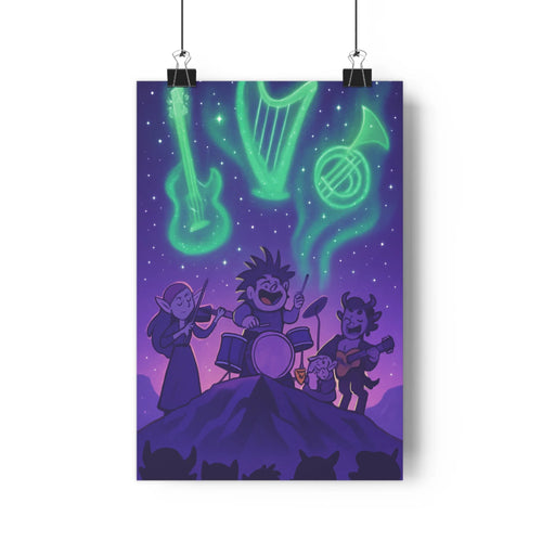 Poster musical festif batteur violoniste guitariste étoiles violet bleu instruments lumineux ambiance joyeuse cartoon simple design chambre salon