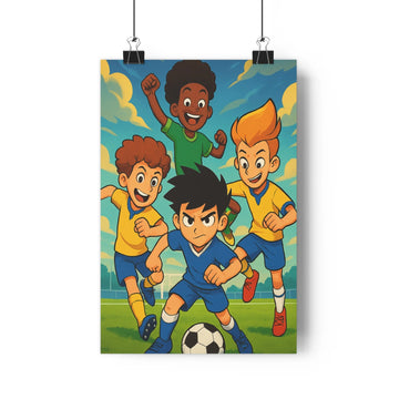 Poster football enfants dynamique cartoon couleur vive ciel nuages terrain vert expression facile joyeuse énergie maison chambre salon