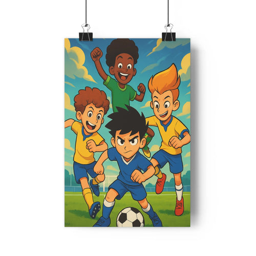 Poster football enfants dynamique cartoon couleur vive ciel nuages terrain vert expression facile joyeuse énergie maison chambre salon