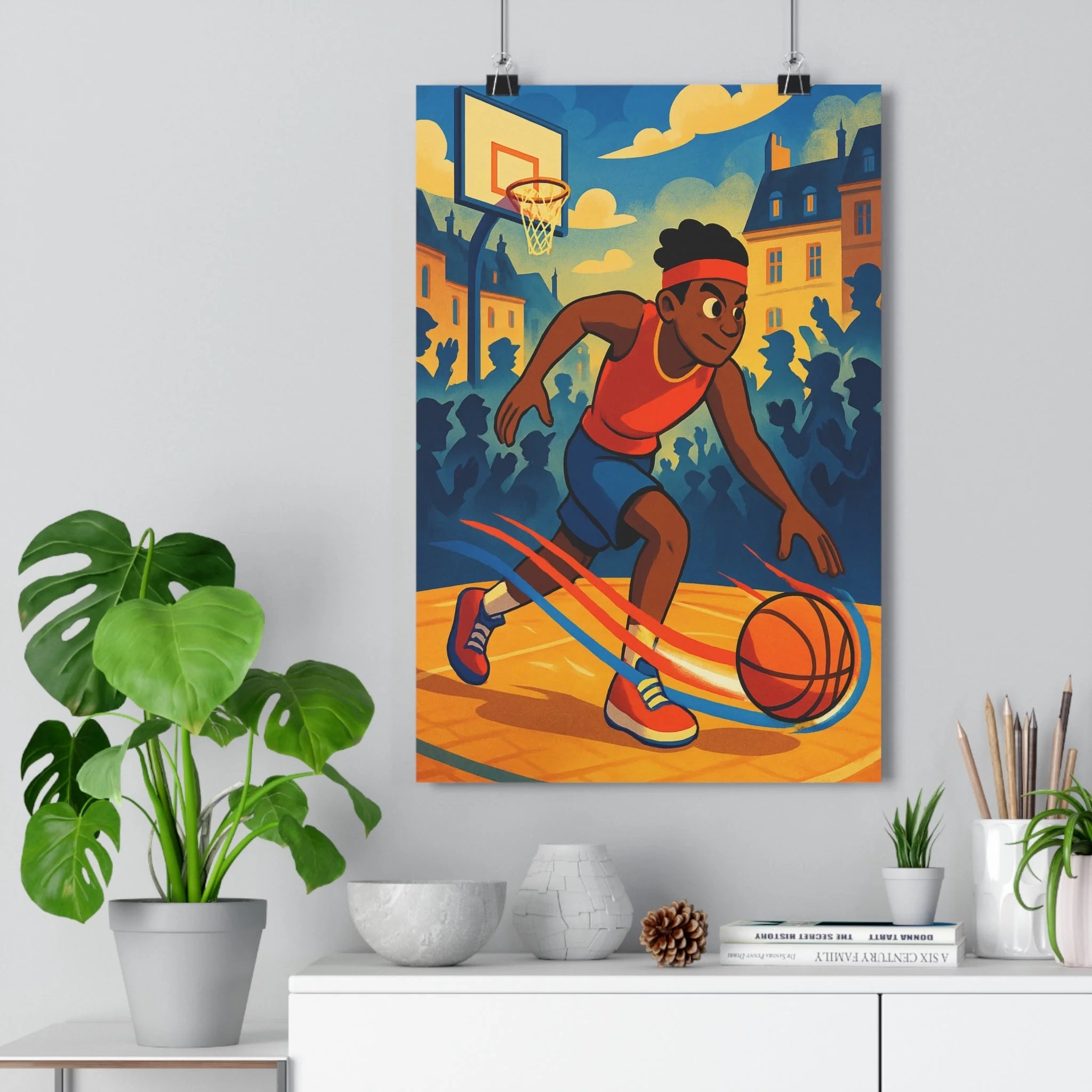 Poster décoratif animé dynamique basketball bleu orange jaune sportif salon chambre moderne tendance athlétique