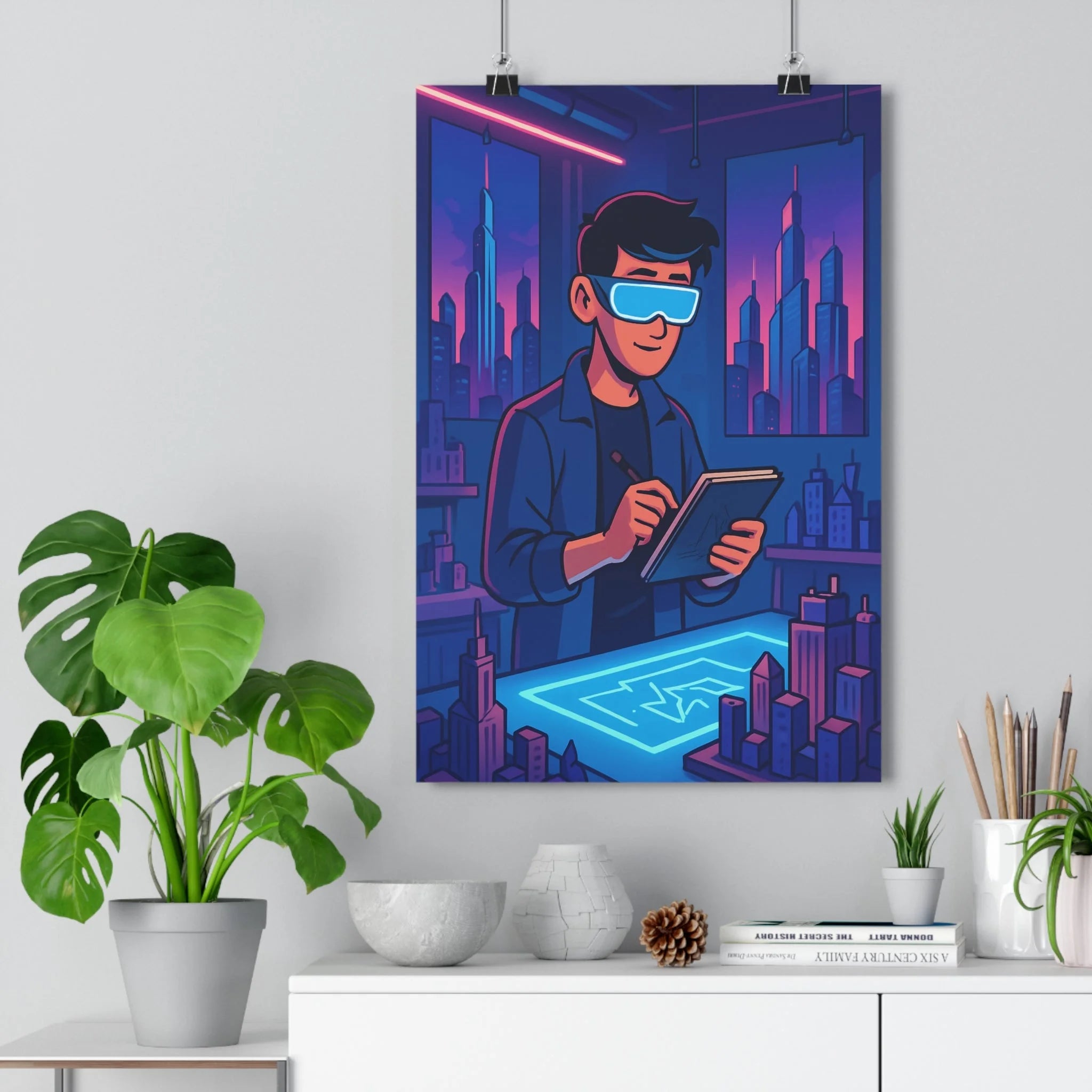 Poster décoratif futuriste néon moderne bleu rose urbain artistique bureau design créatif lumineux dynamique