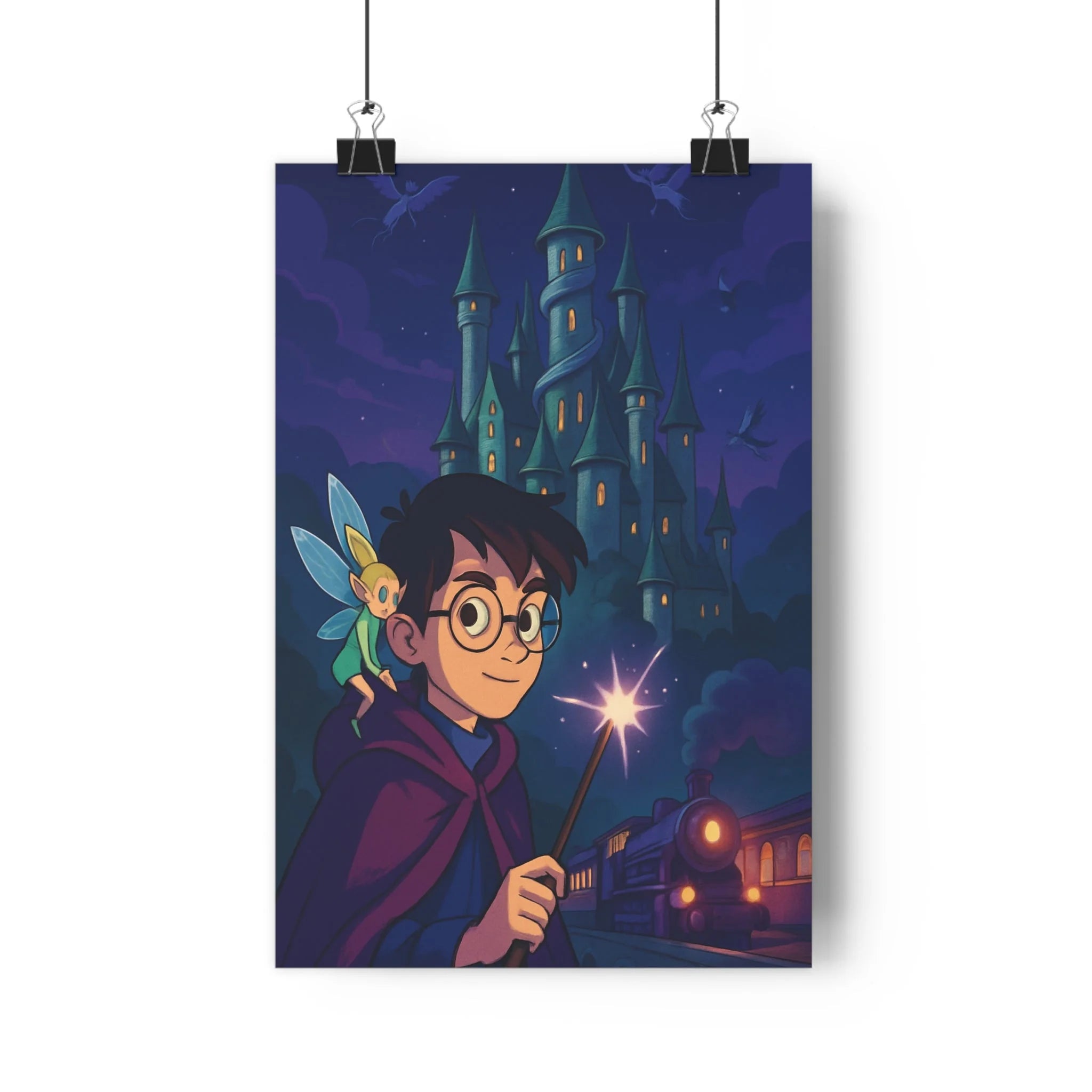Poster décoratif mystique bleu violet garçon enchanté magique fée château étoiles enfant chambre rêveur