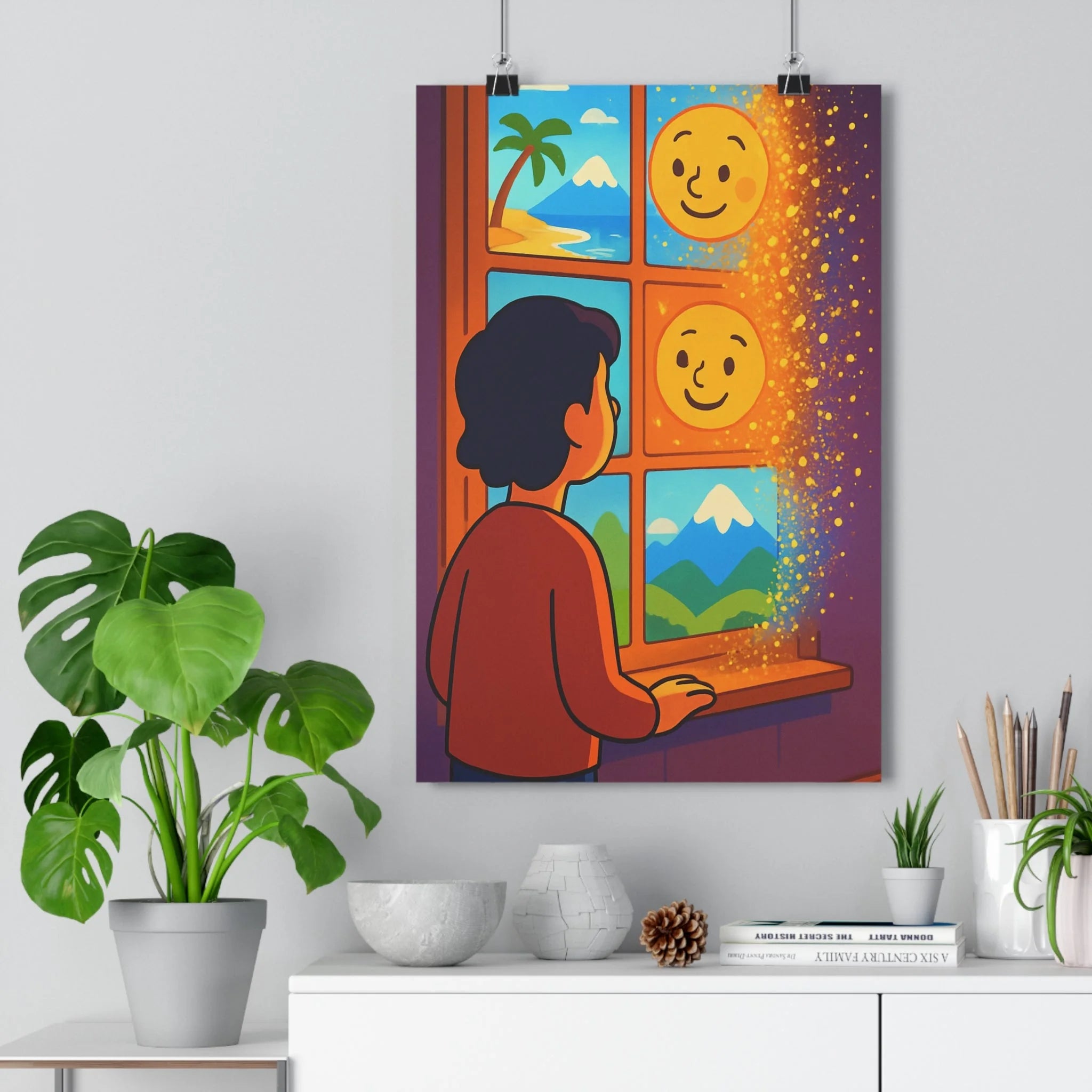 Poster décoratif ethéré couleurs vives joyeux salon chambre art moderne paysage imaginaire inspirant visage