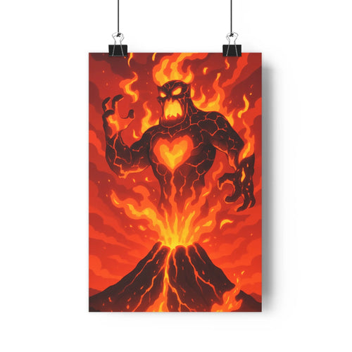 Poster anthropomorphe volcan feu coeur musculature console livre plante verte ambiance intense moderne stylisé chambre salon bureau