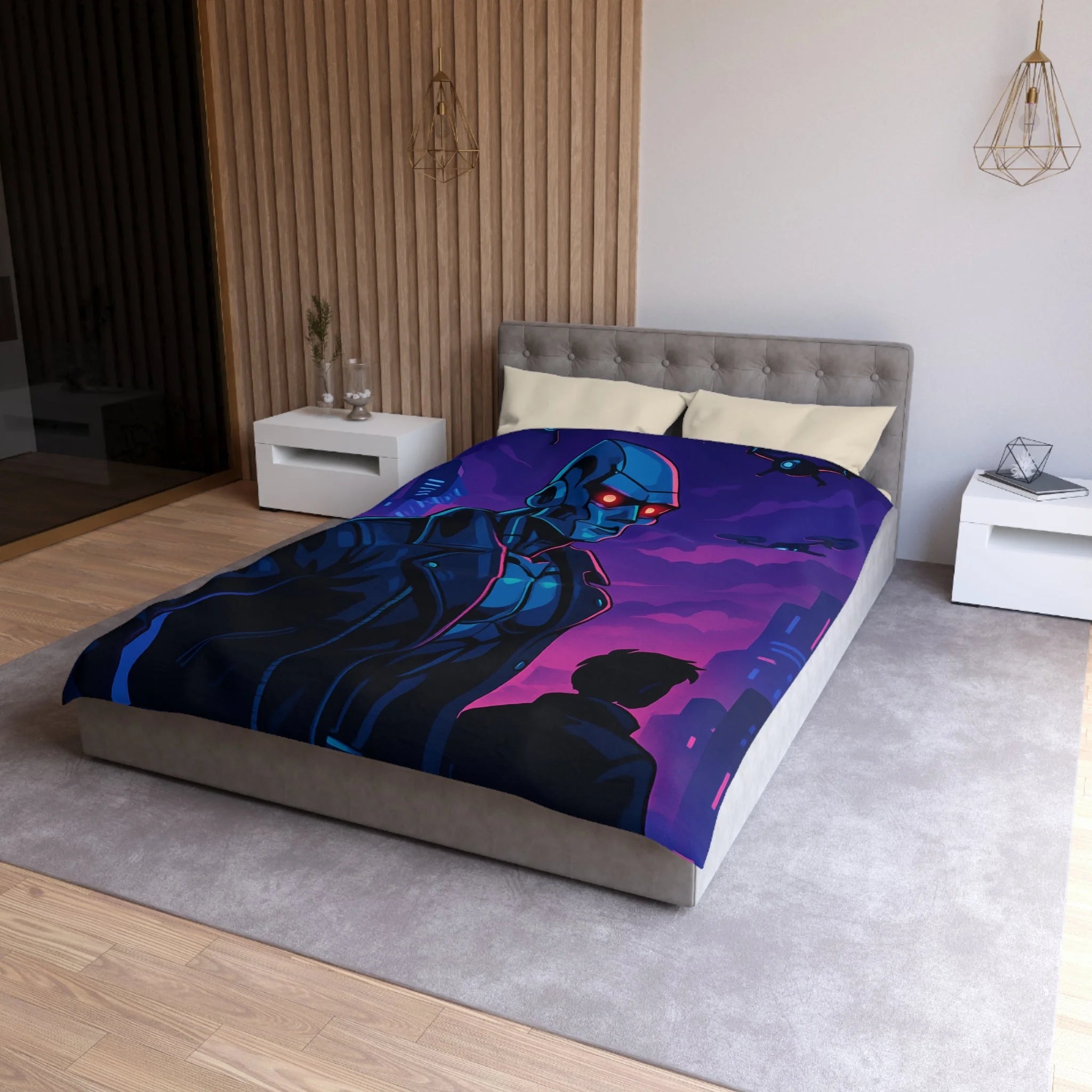 Housse de couette style néon avec robot futuriste et drones en ville de nuit