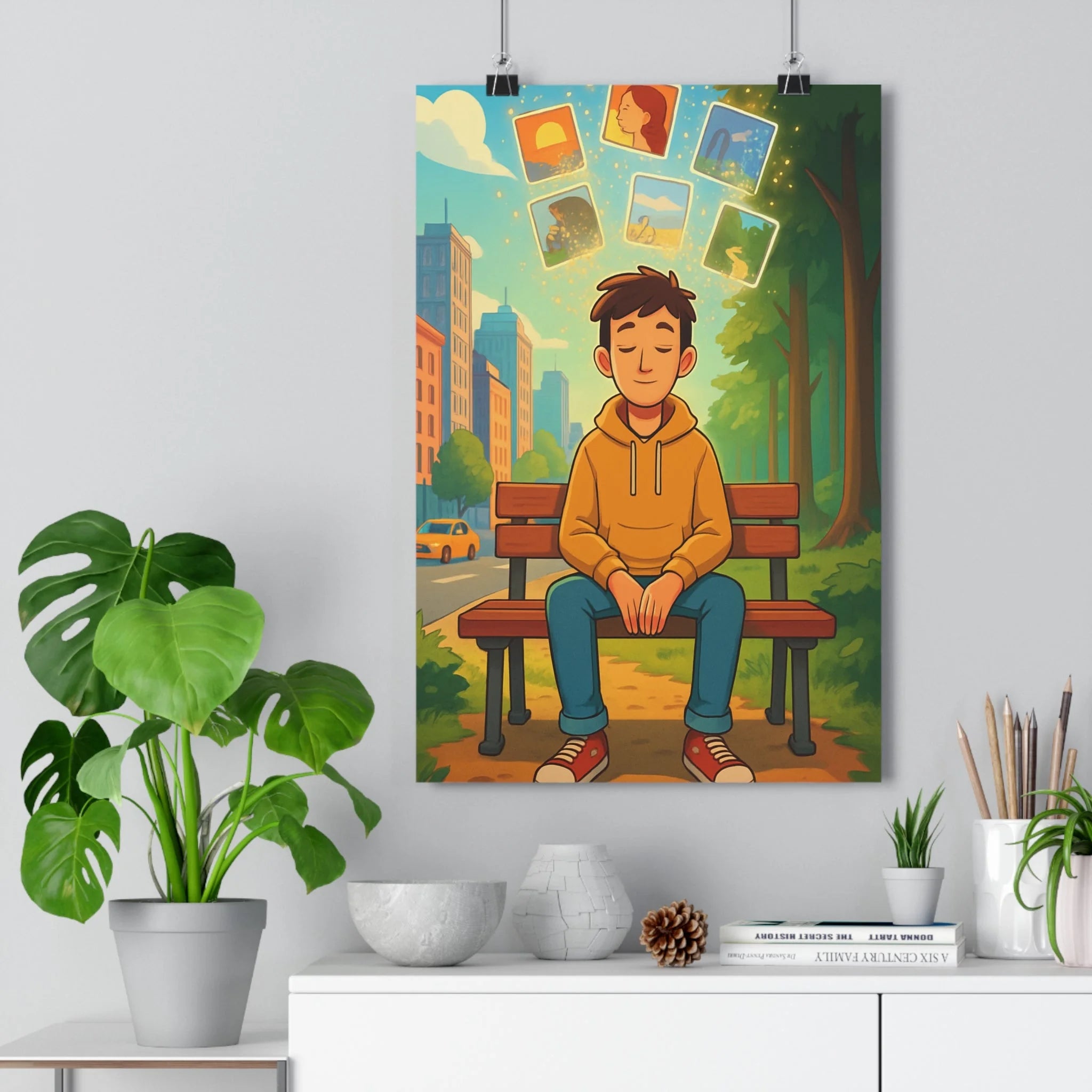 Poster décoratif aquarelle rêveur vert bleu orange cartoon serein chambre salon bureau artistique qualité