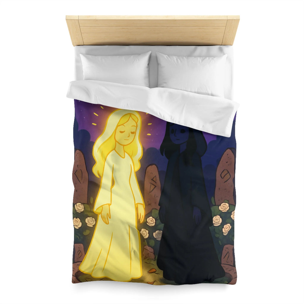 Housse de couette réversible avec deux figures mystérieuses en contraste lumineux, nature étoilée