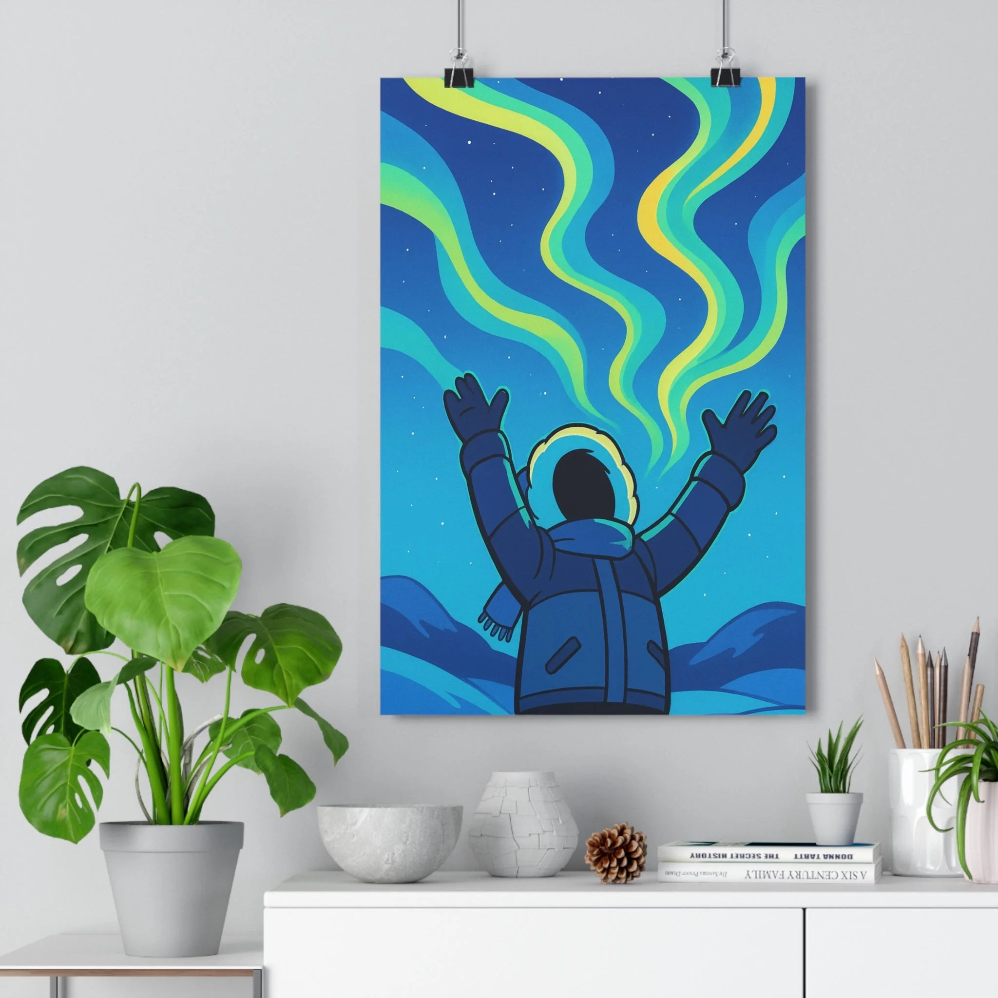 Poster décoratif mystique aurore boréale anime vert jaune bleu silhouette hiver salon chambre qualité