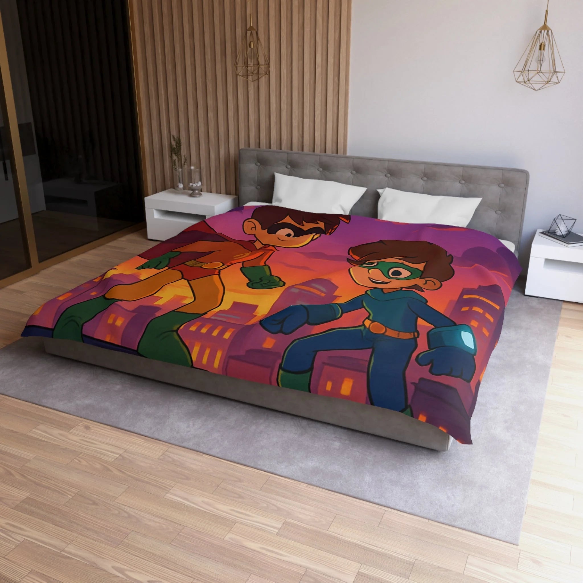 Housse de couette pour enfants avec deux jeunes super-héros au coucher du soleil