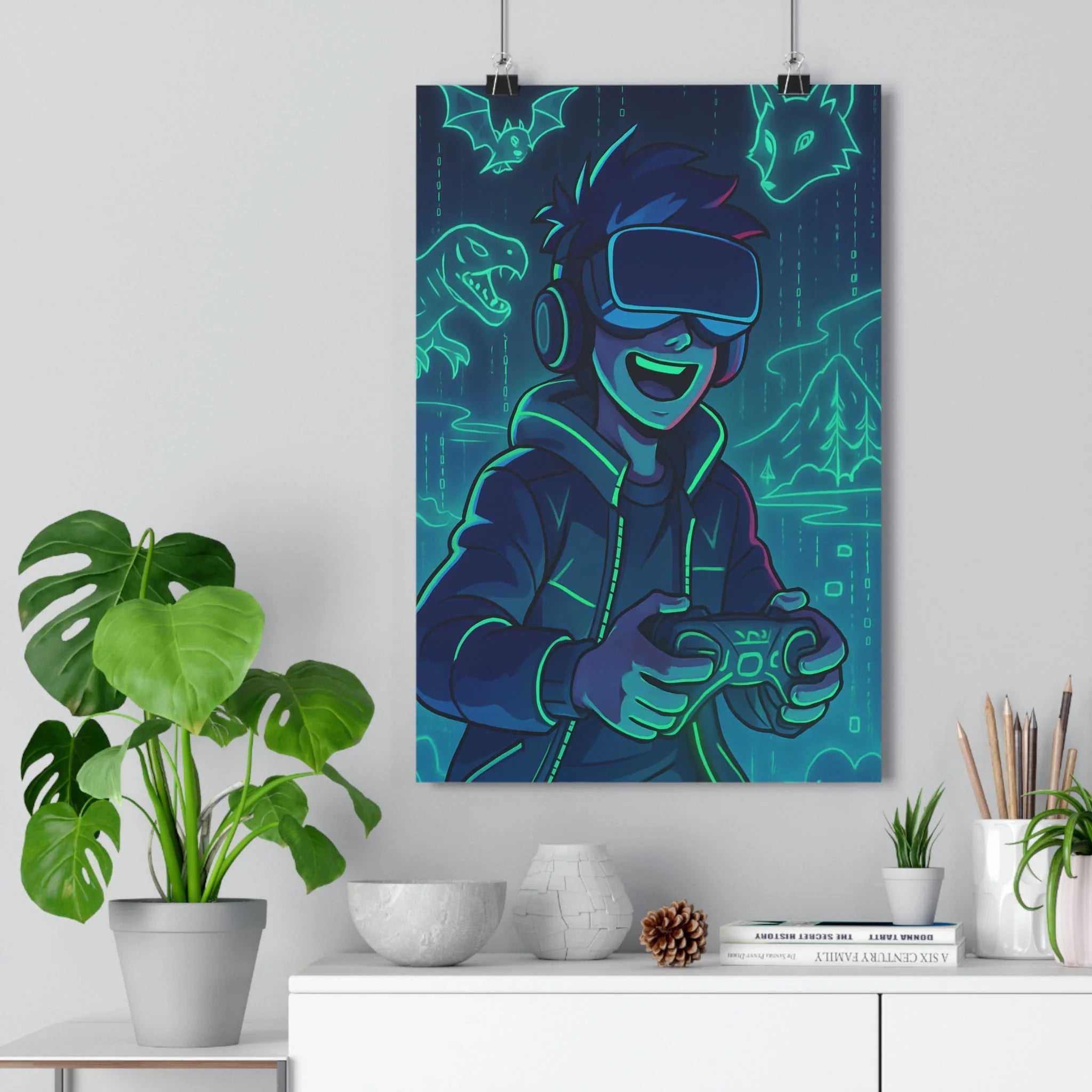 Poster décoratif gaming néon bleu vert cartoon aventure chambre enfant lumineux futuriste immersif dynamique