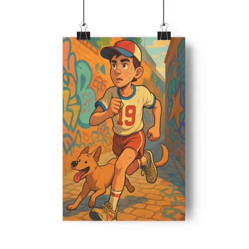 Poster urbain cartoon course garçon chien graffiti coloré motifs mur orange bleu vert dynamique salon chambre