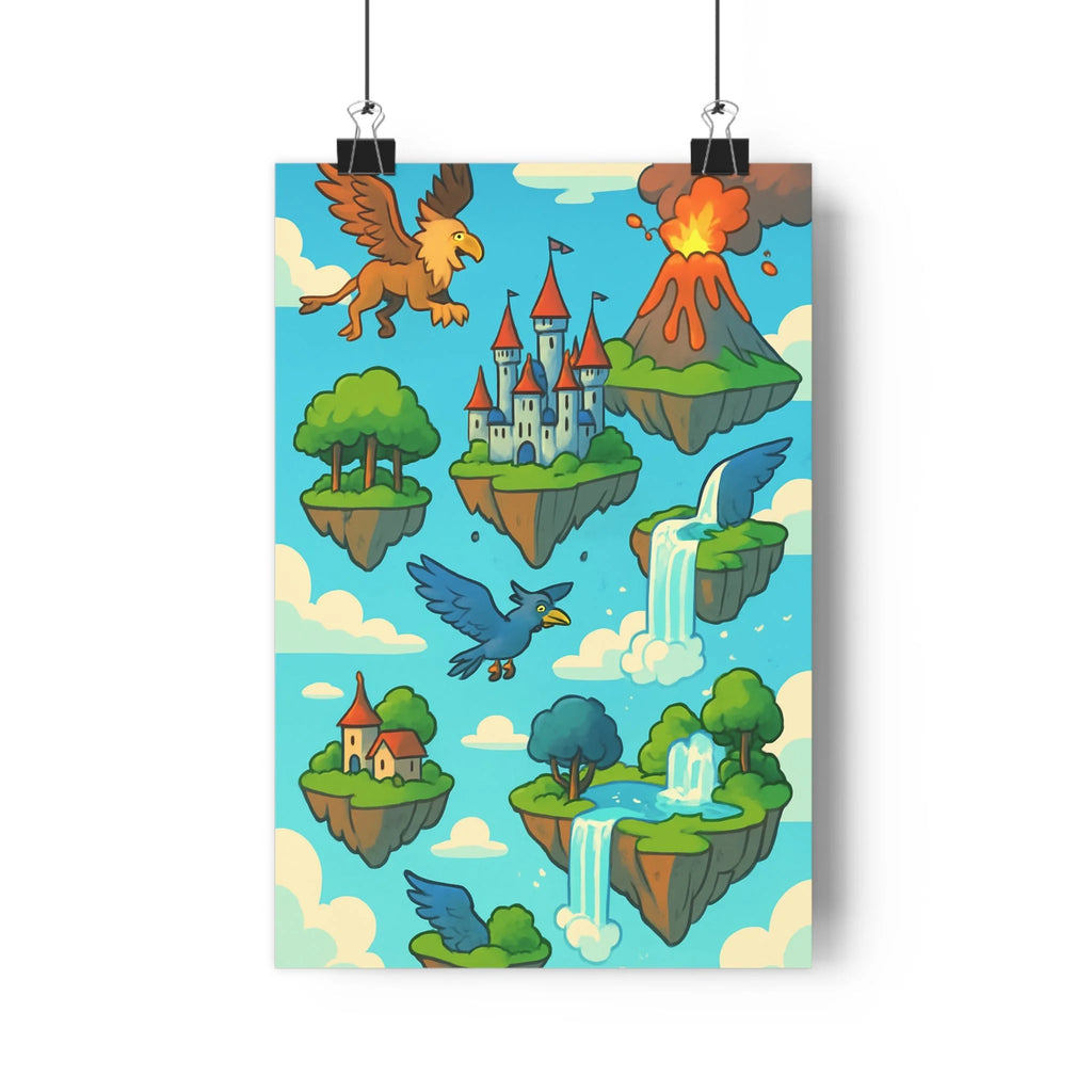 Poster décoratif chambre enfant fantastique dessin animé îles volantes créatures magiques aventure couleurs pastel