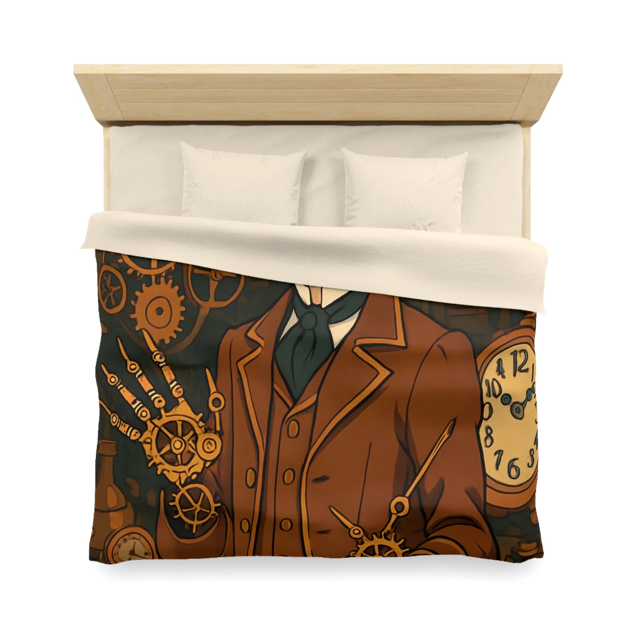 Housse de couette steampunk avec horloges et personnage stylé en tenue victorienne