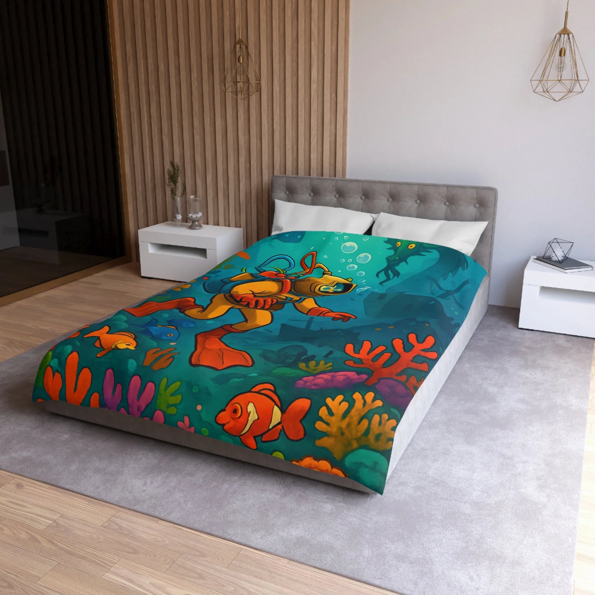 Housse de couette motif plongeur rétro dans un monde sous-marin coloré et mystérieux