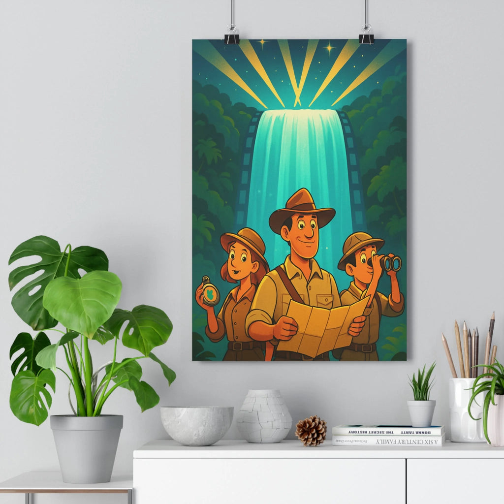 Poster aventure explorateurs jungle cascade lumineuse végétation palmiers nuit soleil expressions joyeuses ambiance mystérieuse découverte bureau salon