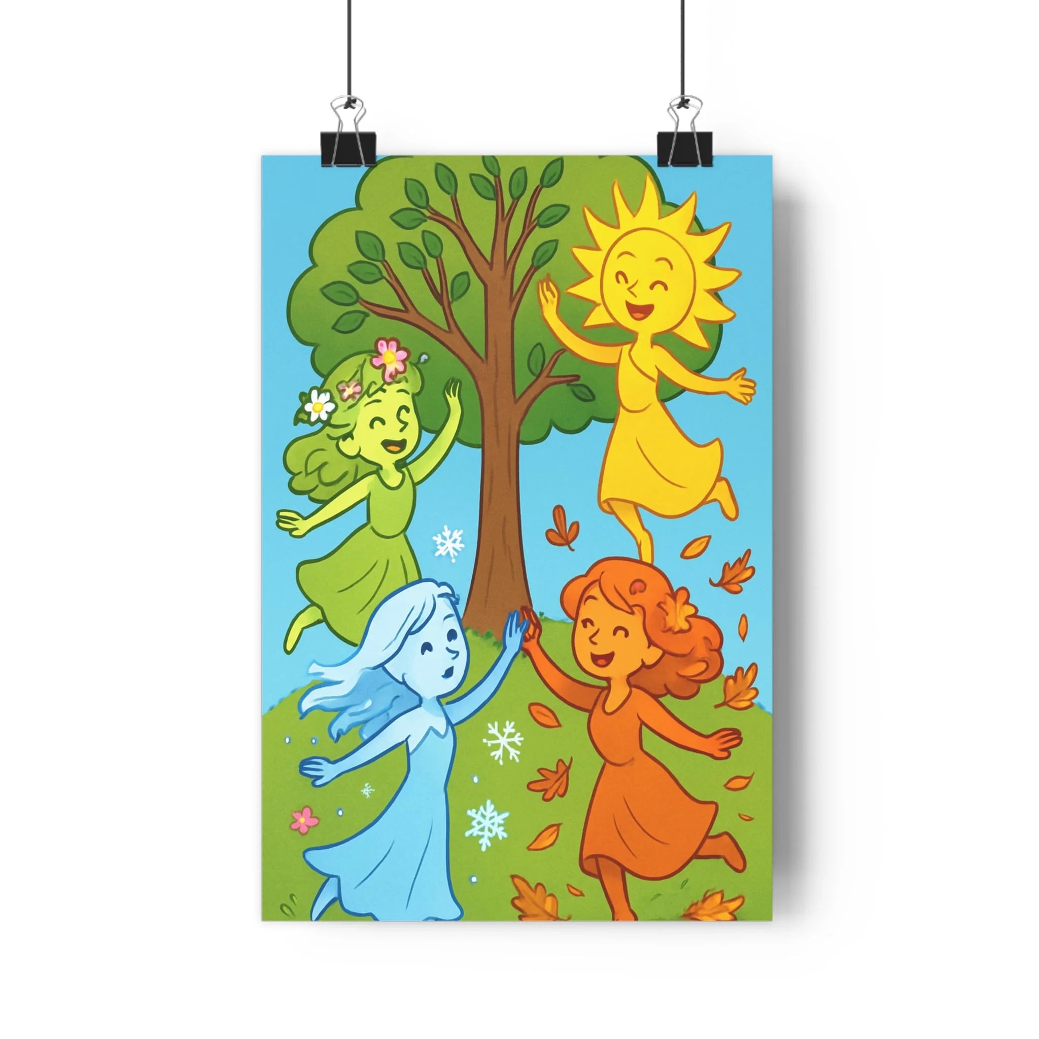 Poster décoratif coloré allégorique joyeux saisonnier vert jaune orange bleu dessin animé chambre qualité