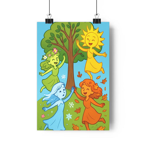 Poster joyeux personnages colorés arbre feuilles soleil robes nature fleurs blanches harmonie festive chambre qualité vibrant cartoon