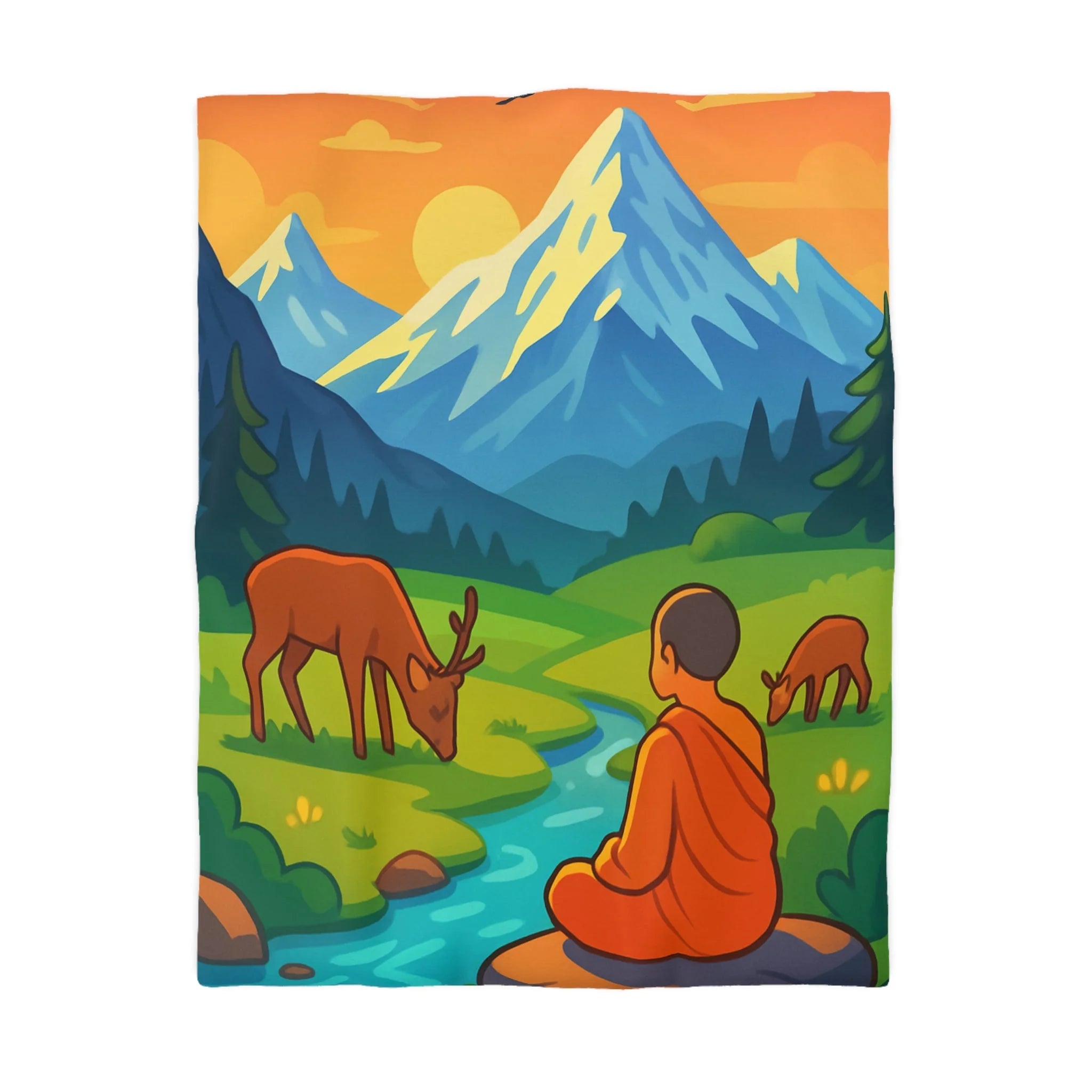 Housse de couette zen avec paysage montagneux, moine, cerfs et rivière tranquille