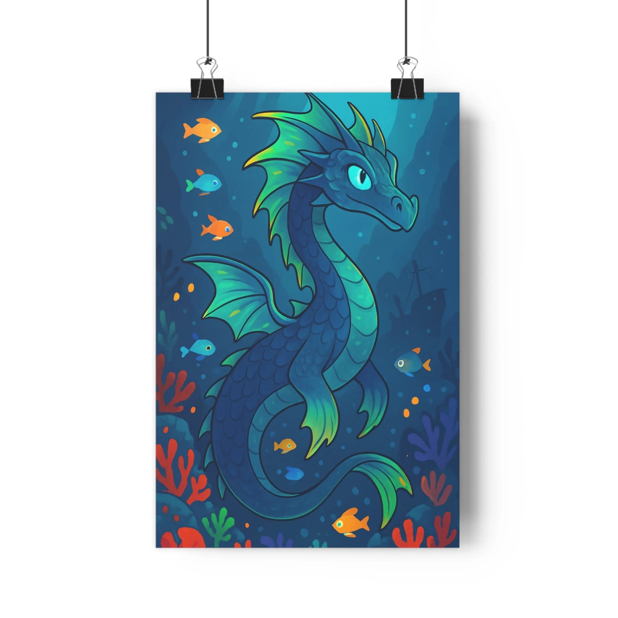 Poster décoratif cartoon dragon aquatique bleu profond mystique chambre enfant corail vibrant 30x46 cm