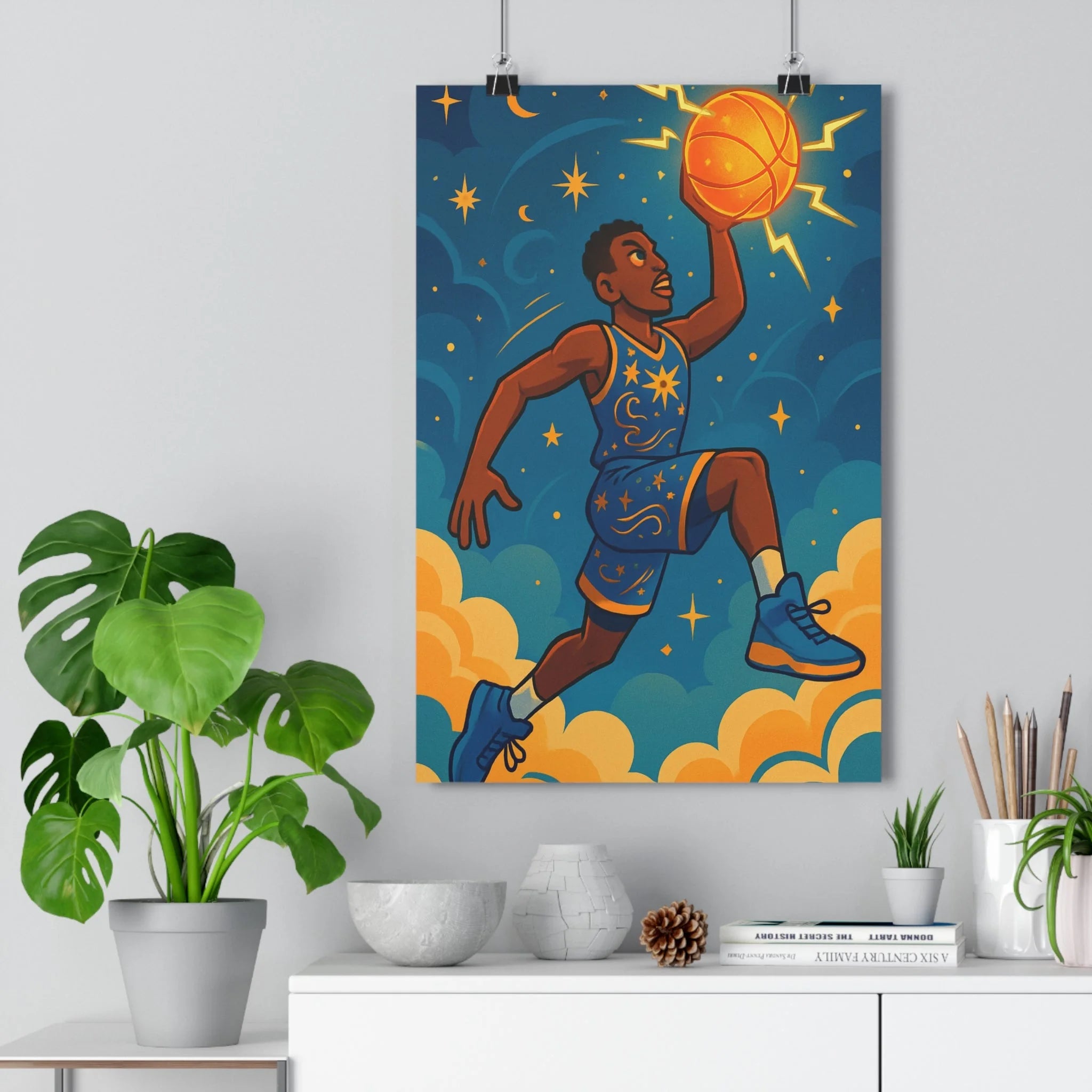 Poster décoratif joueur basketball cartoon bleu orange dynamique céleste chambre enfant art mural éclairs