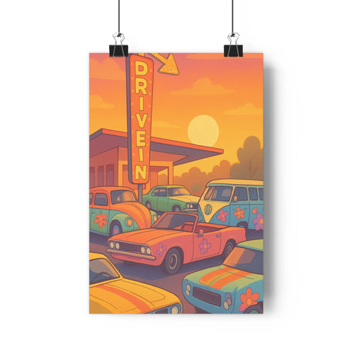 Poster rétro drivein voitures structure rouge blanche ciel orange rose soleil motifs floraux ambiance festive années soixante salon chambre
