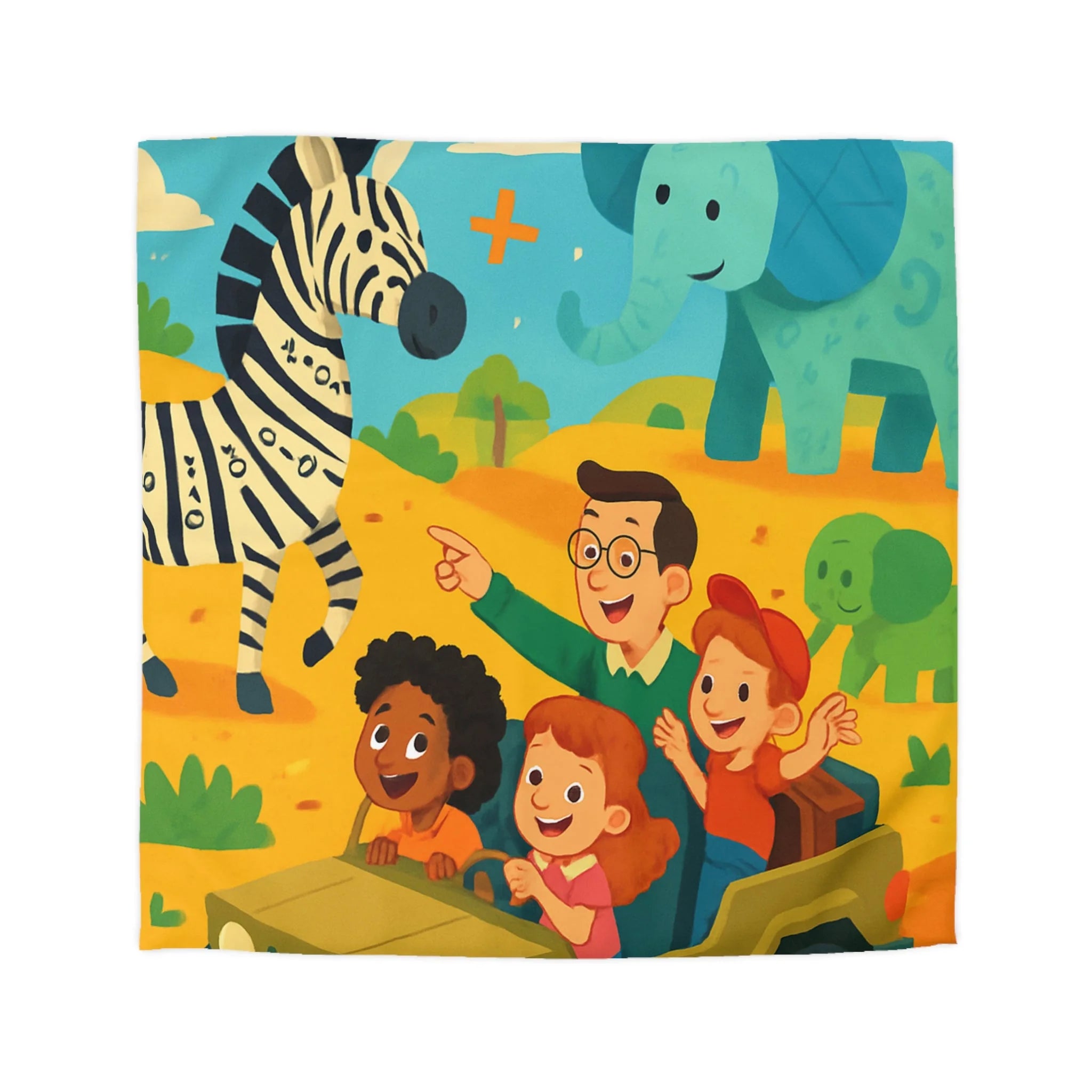 Housse de Couette Safari Éducatif avec Animaux Colorés et Enfants en Aventure