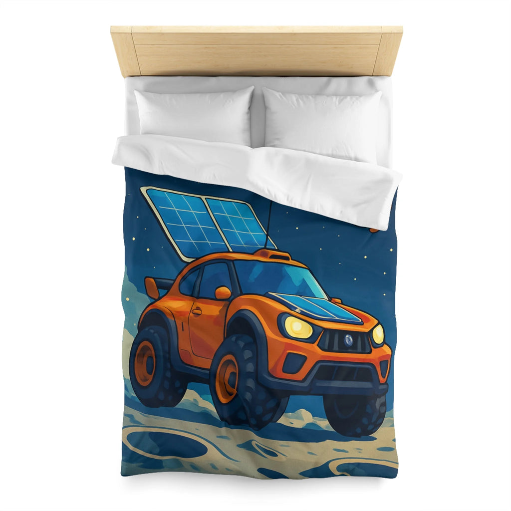 Housse de couette spatiale avec voiture orange et robots sur fond lunaire captivant
