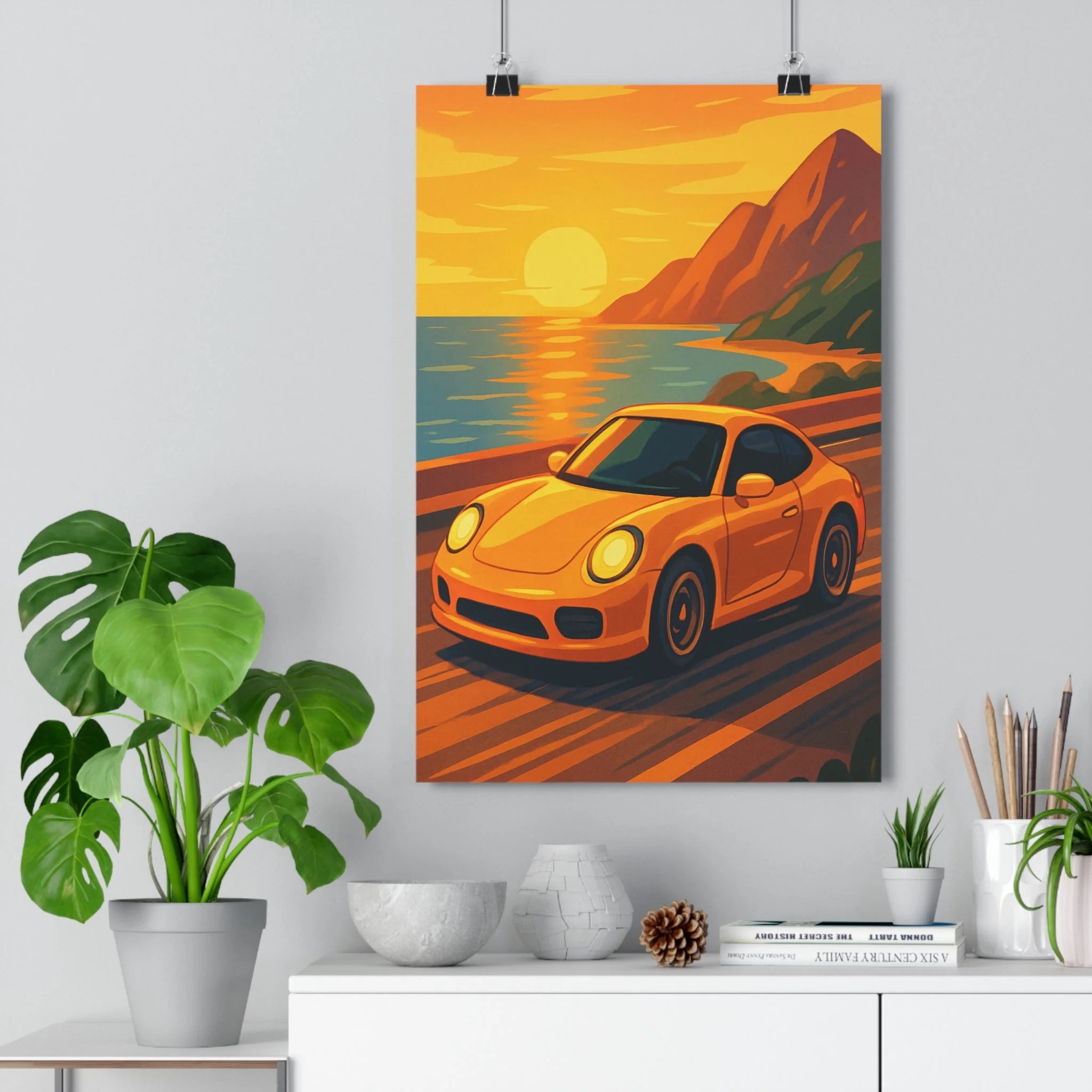 Poster décoratif voiture sport jaune coucher soleil anime romantique vibrant salon chambre murale tendance