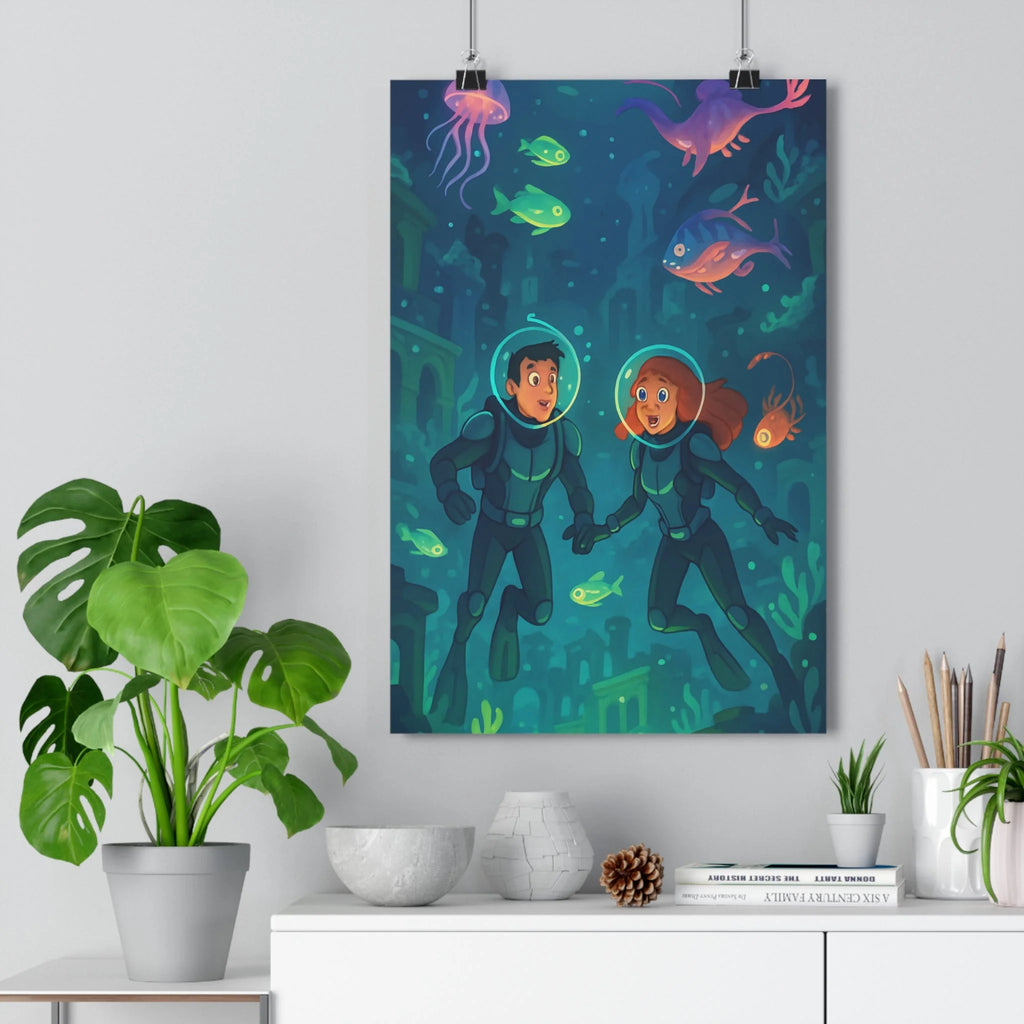 Poster décoratif animé bleu vert explorateurs aventure sousmarin enfant chambre magique poissons méduse qualité