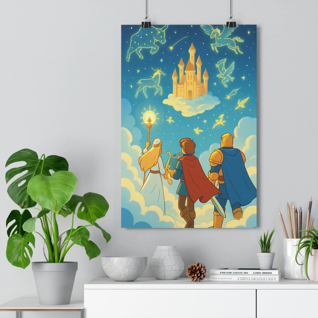 Poster décoratif onirique bleu or dessin animé magique aventure enfants chambre salon créatif lumineux
